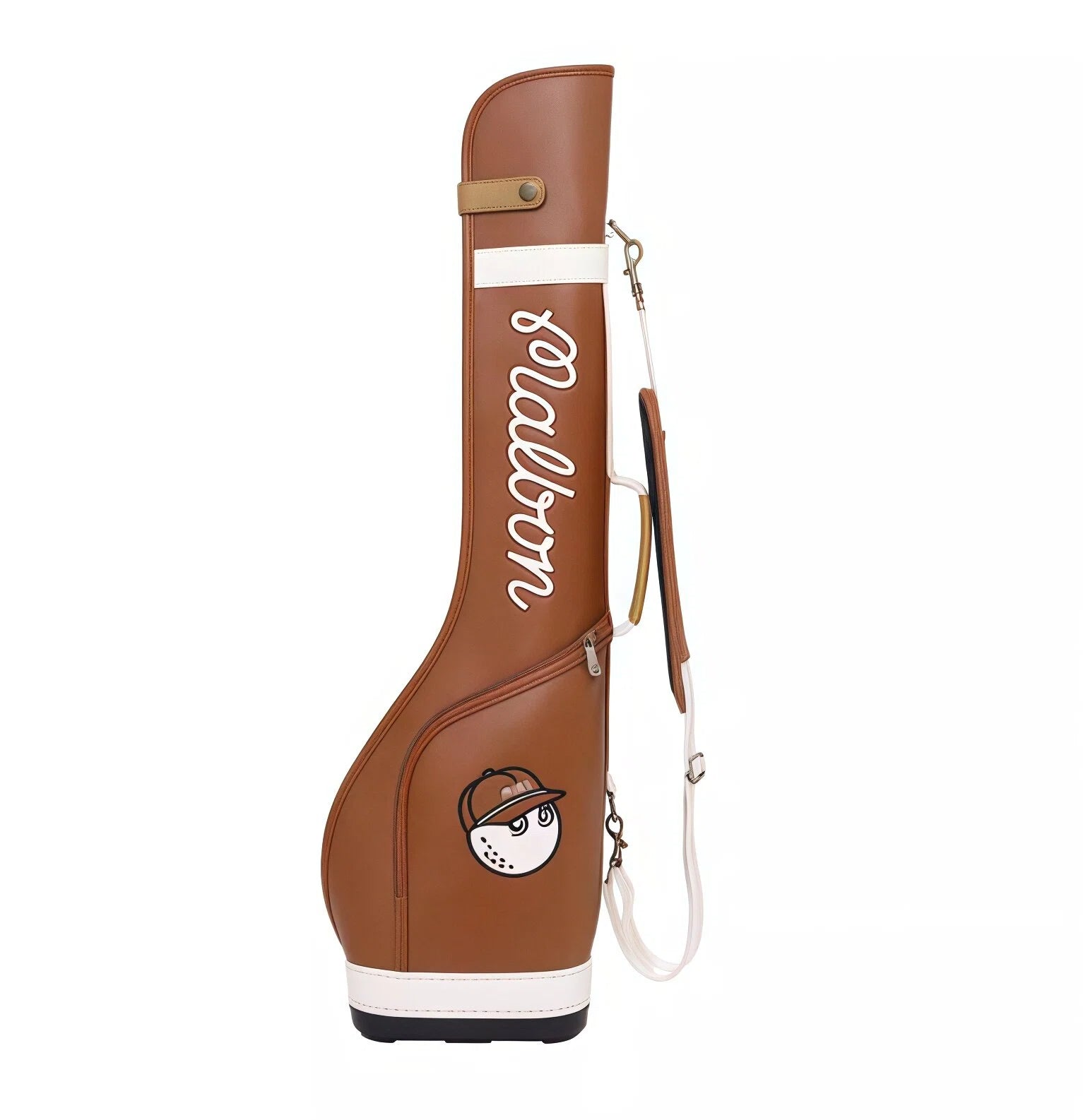 Brown Malbon Golf Sunday bag with white script logo and cartoon golf ball mascot wearing a cap. Lightweight, stylish design with shoulder strap and side pocket for easy transport.