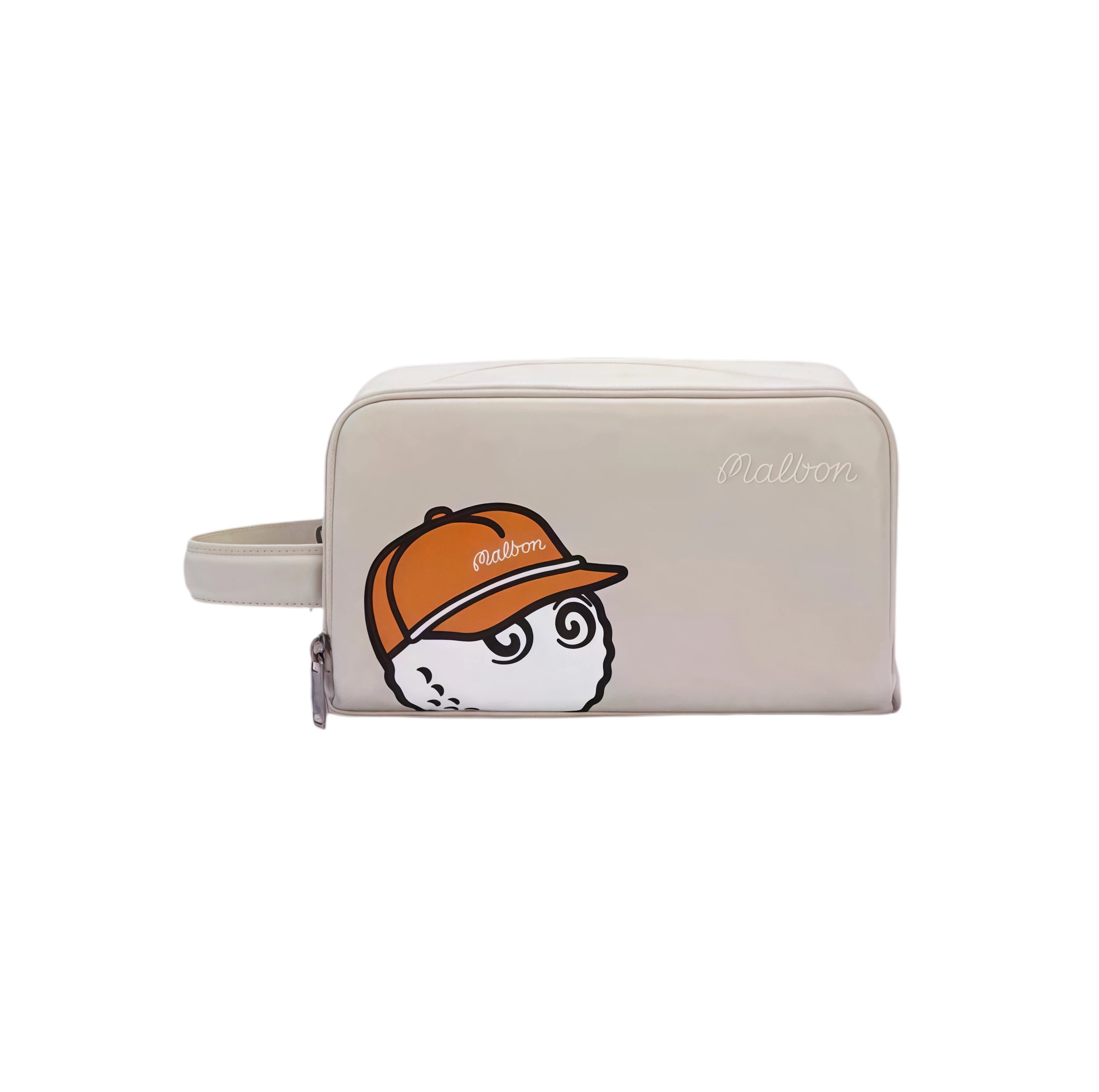 Front view of beige Malbon Golf Buckets pouch bag with orange cap-wearing golf ball mascot, white cursive "Malbon" text, detachable wrist strap, and smooth PU leather finish