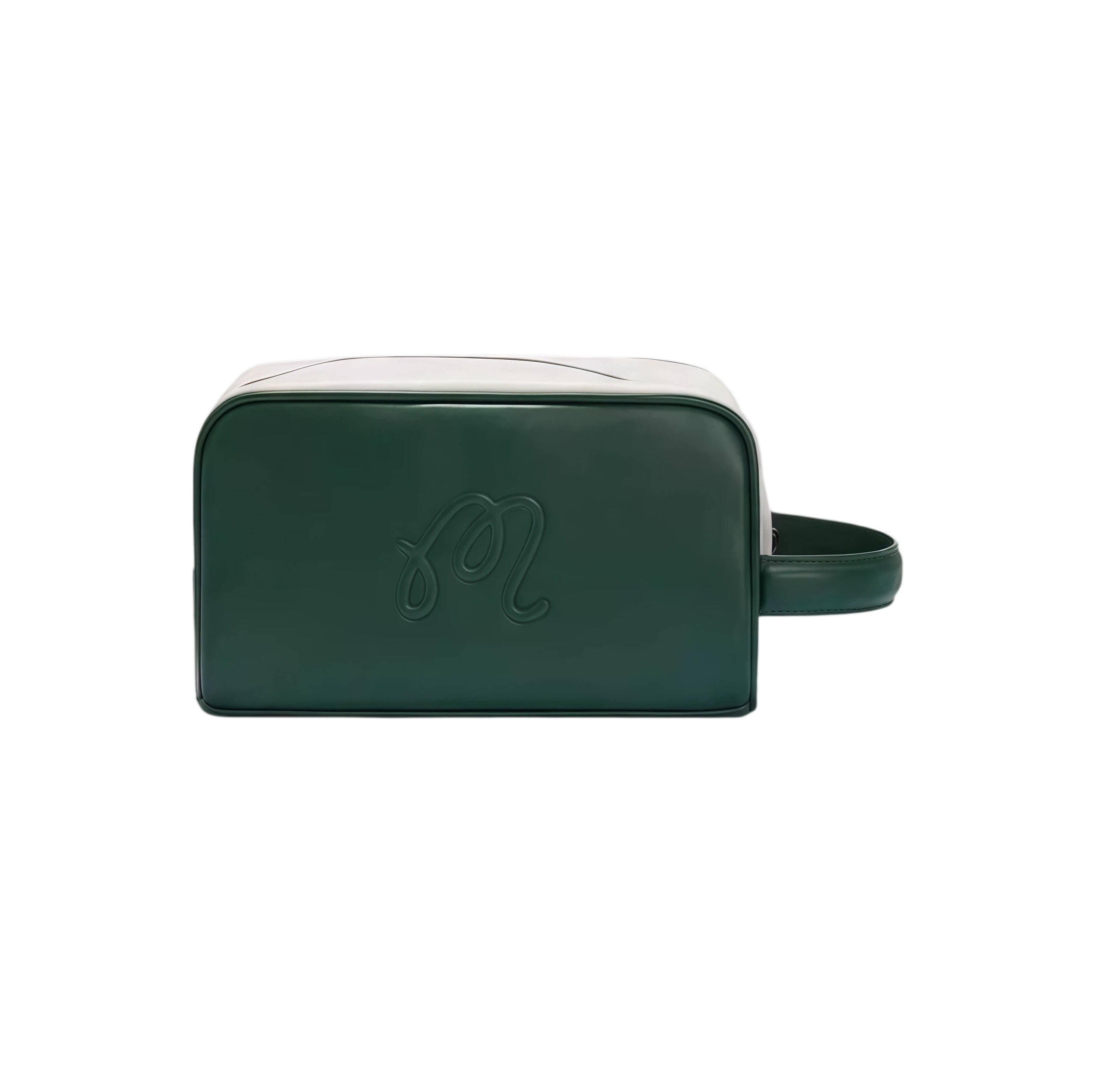Back view of dark green Malbon Golf Buckets pouch bag showing debossed "M" logo, clean stitching, and minimalist design with matching wrist handle