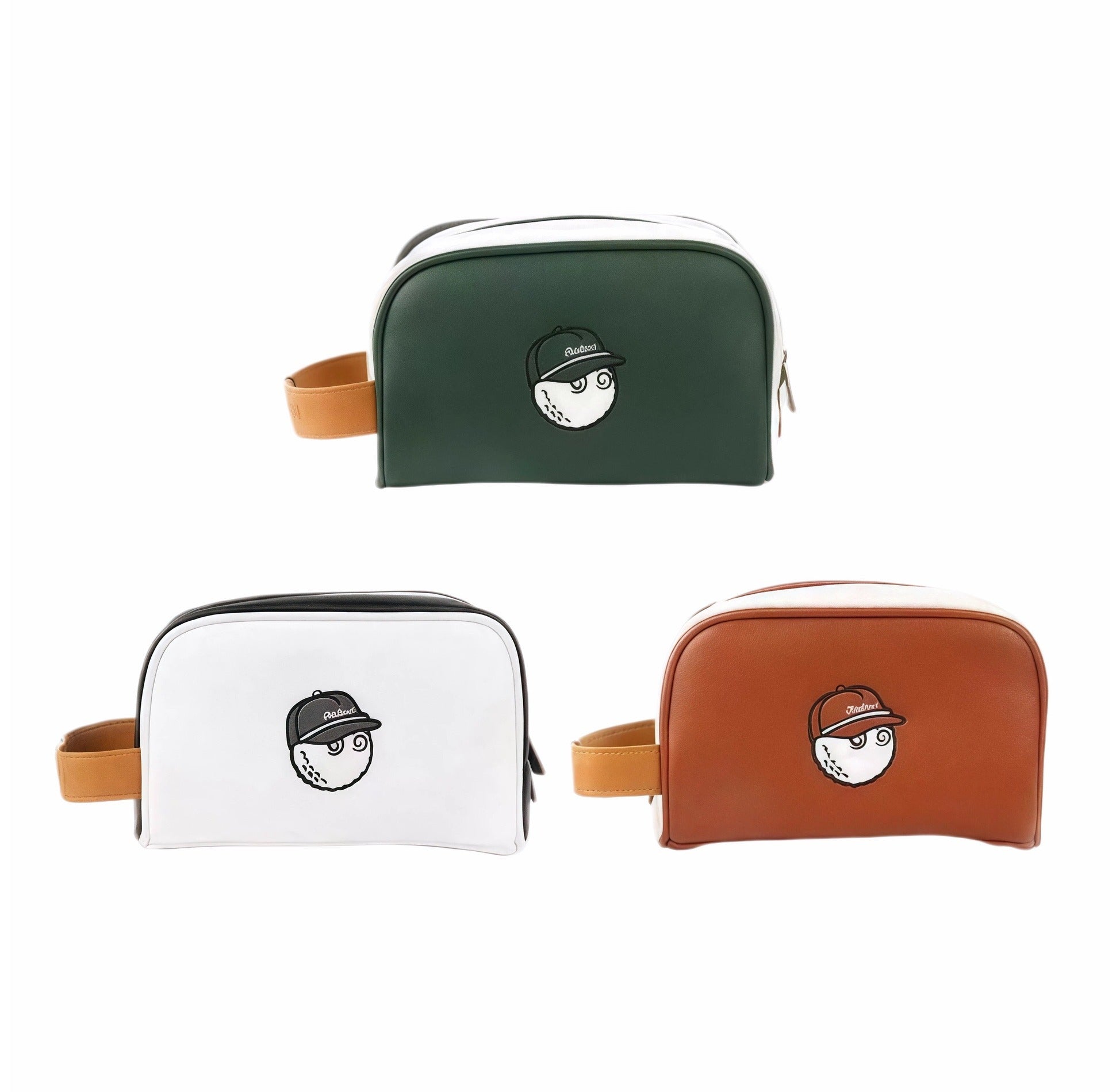  Comparative view of Malbon Golf Buckets pouch in three colors – green, white, and tan – all featuring the same embroidered golf ball mascot wearing a cap with "Malbon" text, showcasing versatile style options