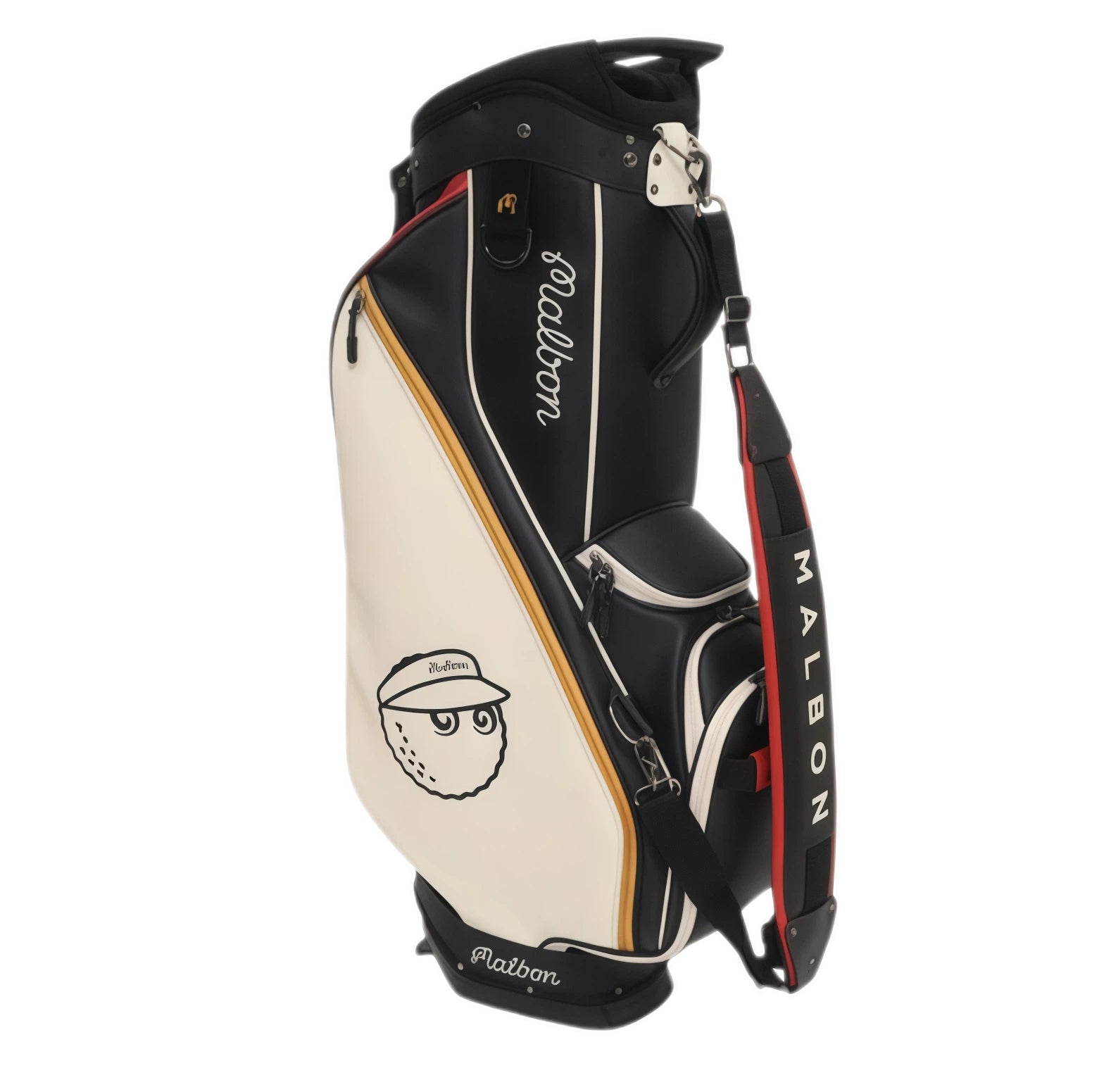 Side profile of Malbon Golf caddie bag showing the playful cartoon golf ball character logo, top carry handle, and streamlined shape for easy transport.