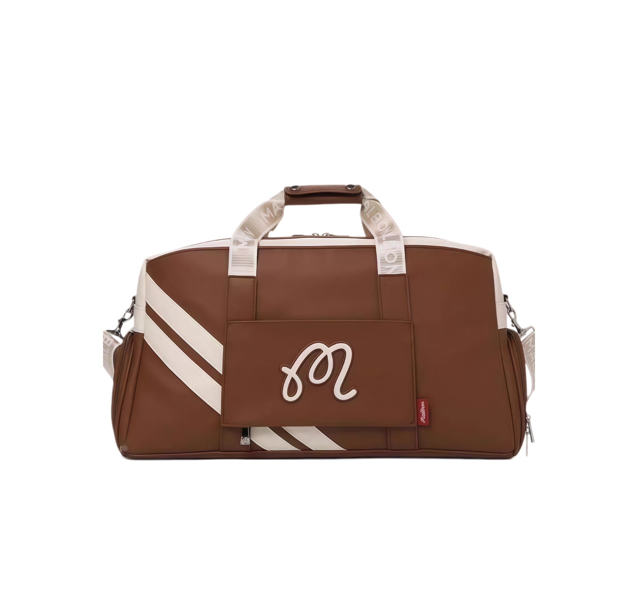 Brown Malbon Golf Core duffle bag featuring a white cursive "M" logo on the front panel. Constructed from high-quality synthetic leather with white diagonal stripes and a red brand tag. Versatile for travel, gym, or weekend trips.