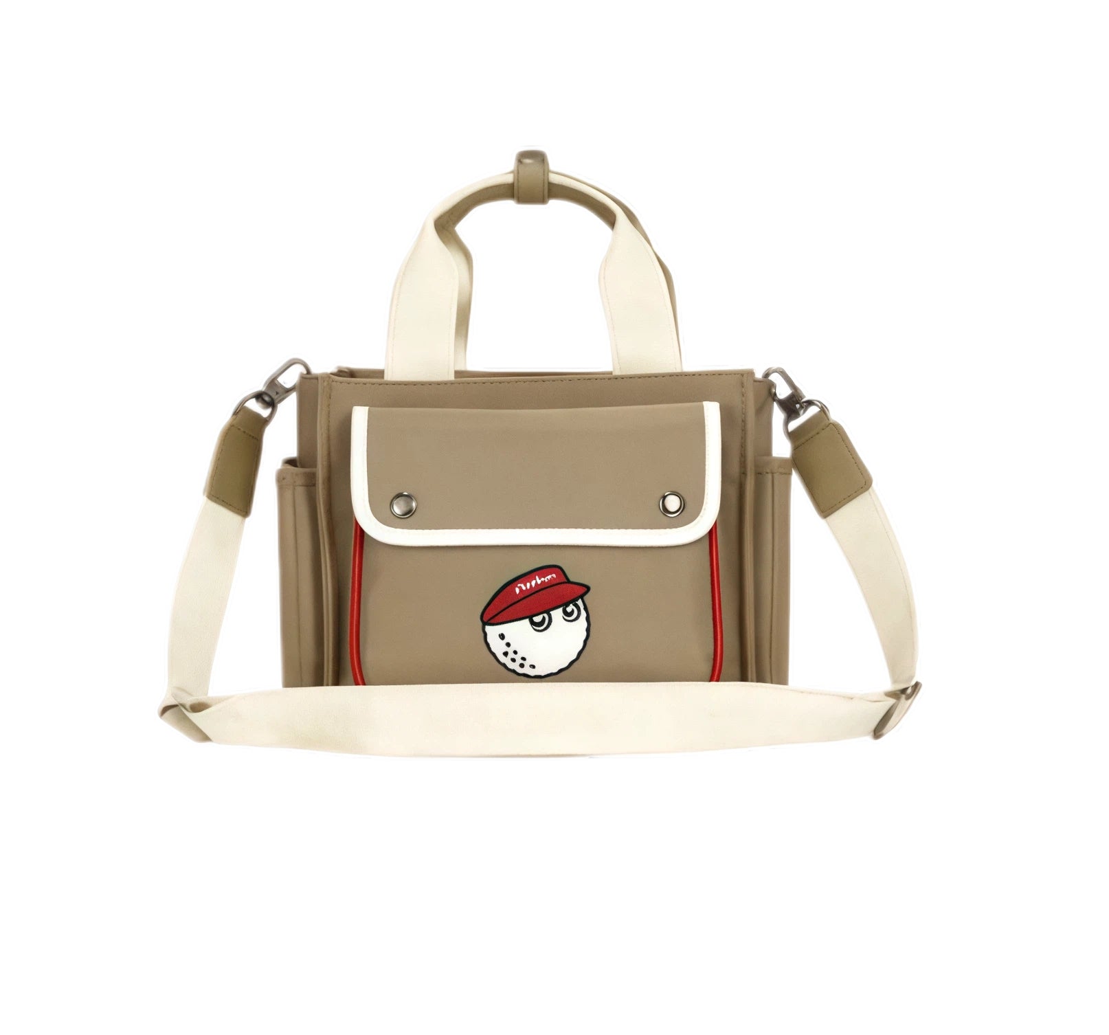 Beige Malbon golf crossbody bag featuring a cute golf ball character wearing a red cap with "Malbon" logo, white flap trim, and red accent piping.