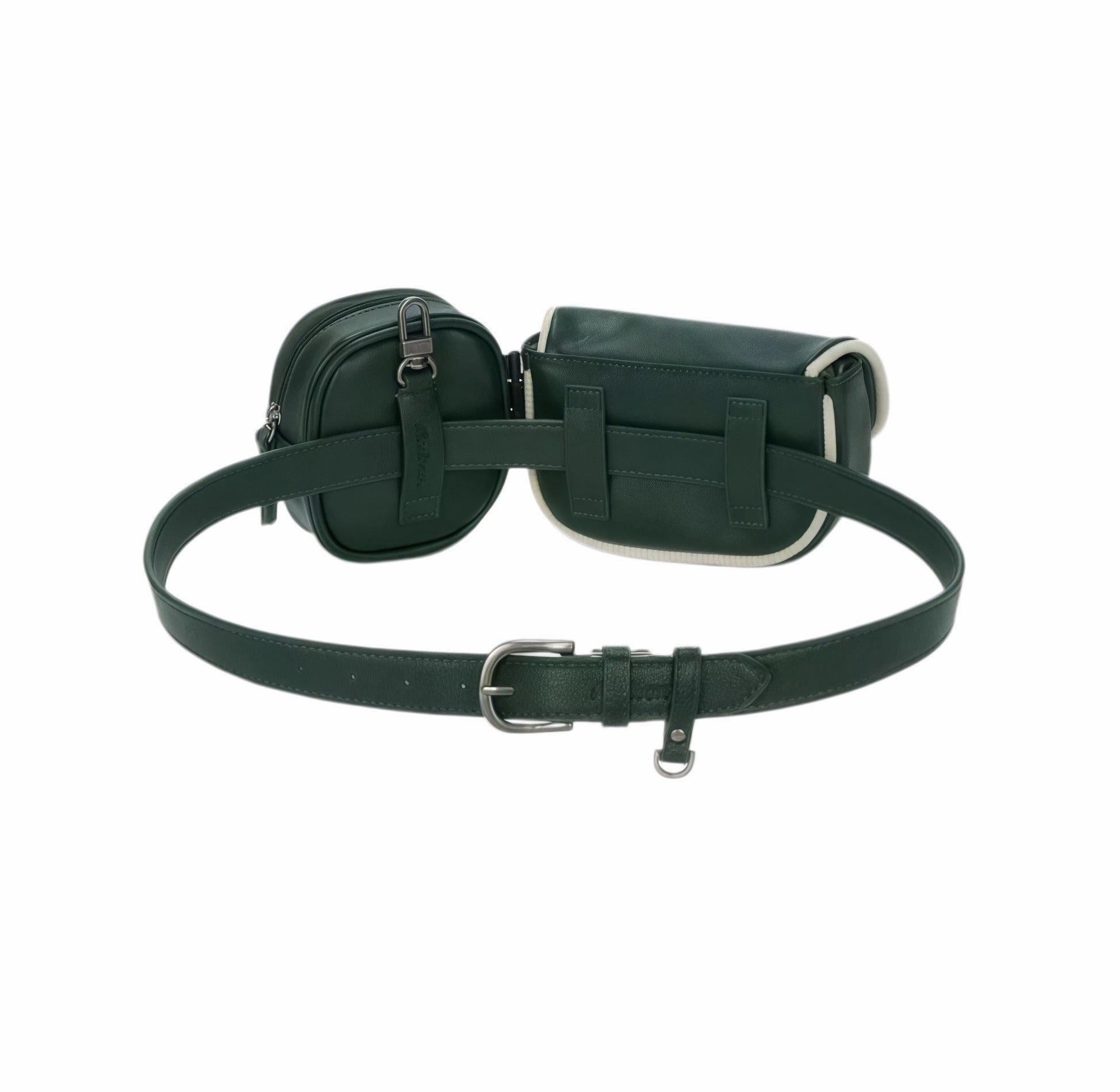 Back view of Malbon Golf dual pouch belt bag in forest green showing full adjustable belt with metal buckle, strap loops, and durable stitching