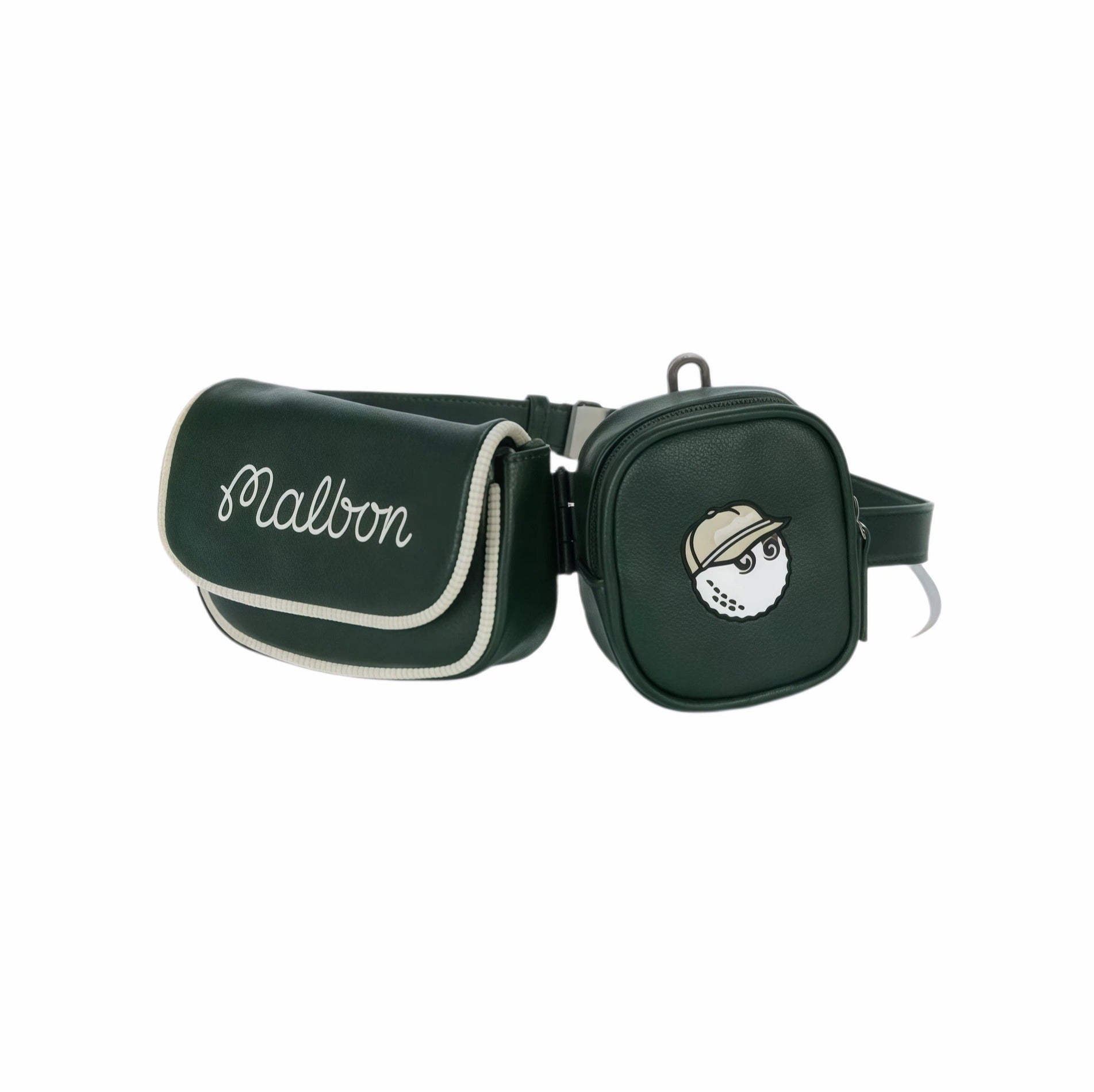 Front view of Malbon Golf dual pouch belt bag in forest green featuring white script "Malbon" logo on flap, embroidered golf ball mascot, and matching belt strap