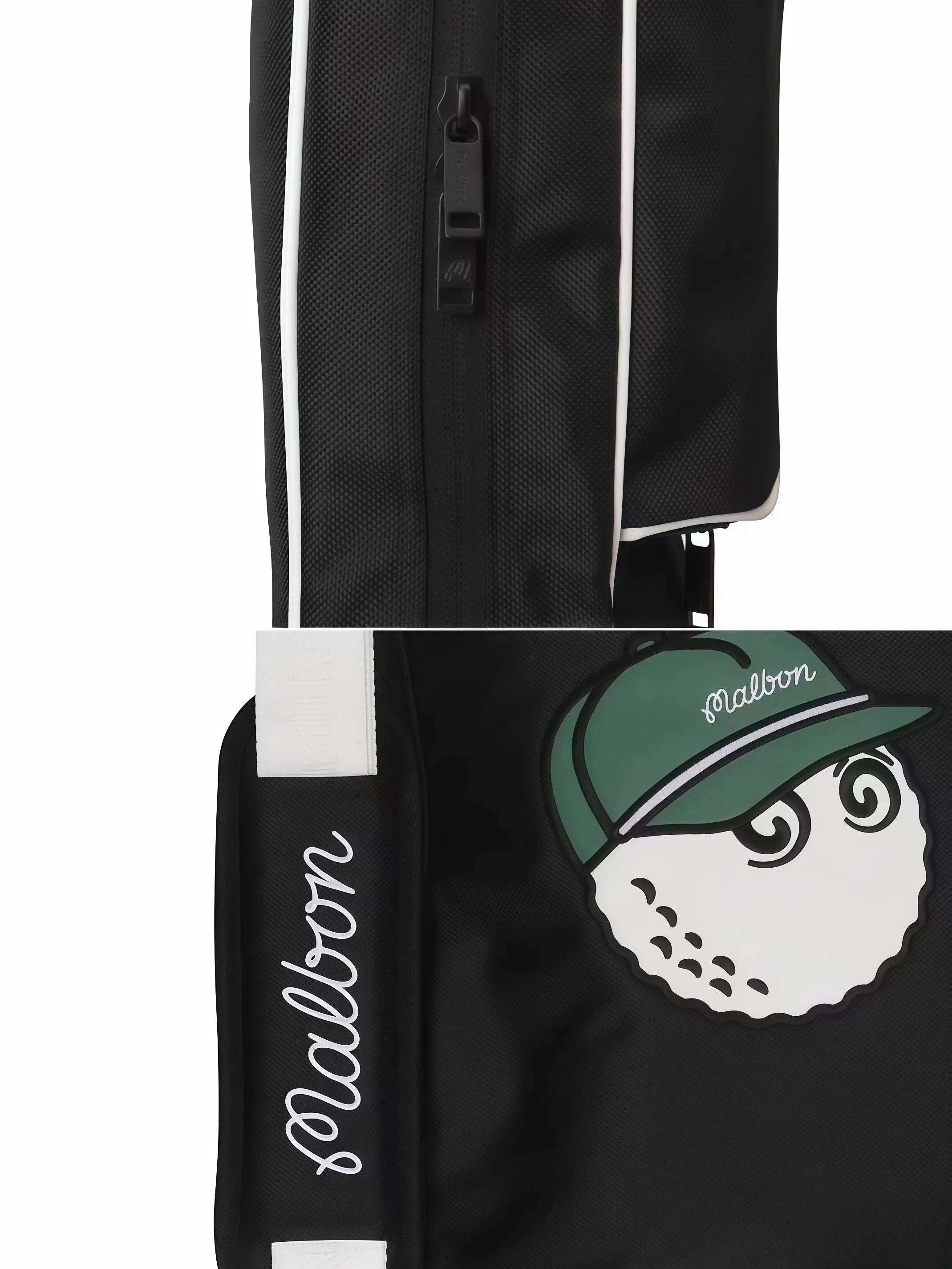Close-up of Malbon Golf half bag showing green cap cartoon golf ball character with "Malbon" logo, black zipper, and durable fabric texture.