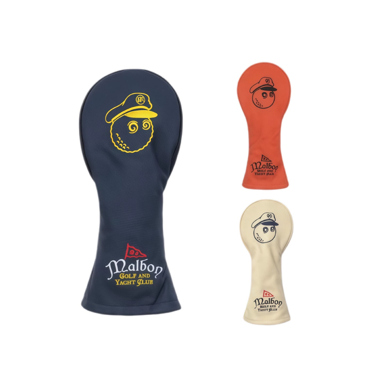 Three golf club head covers with different designs on a white background