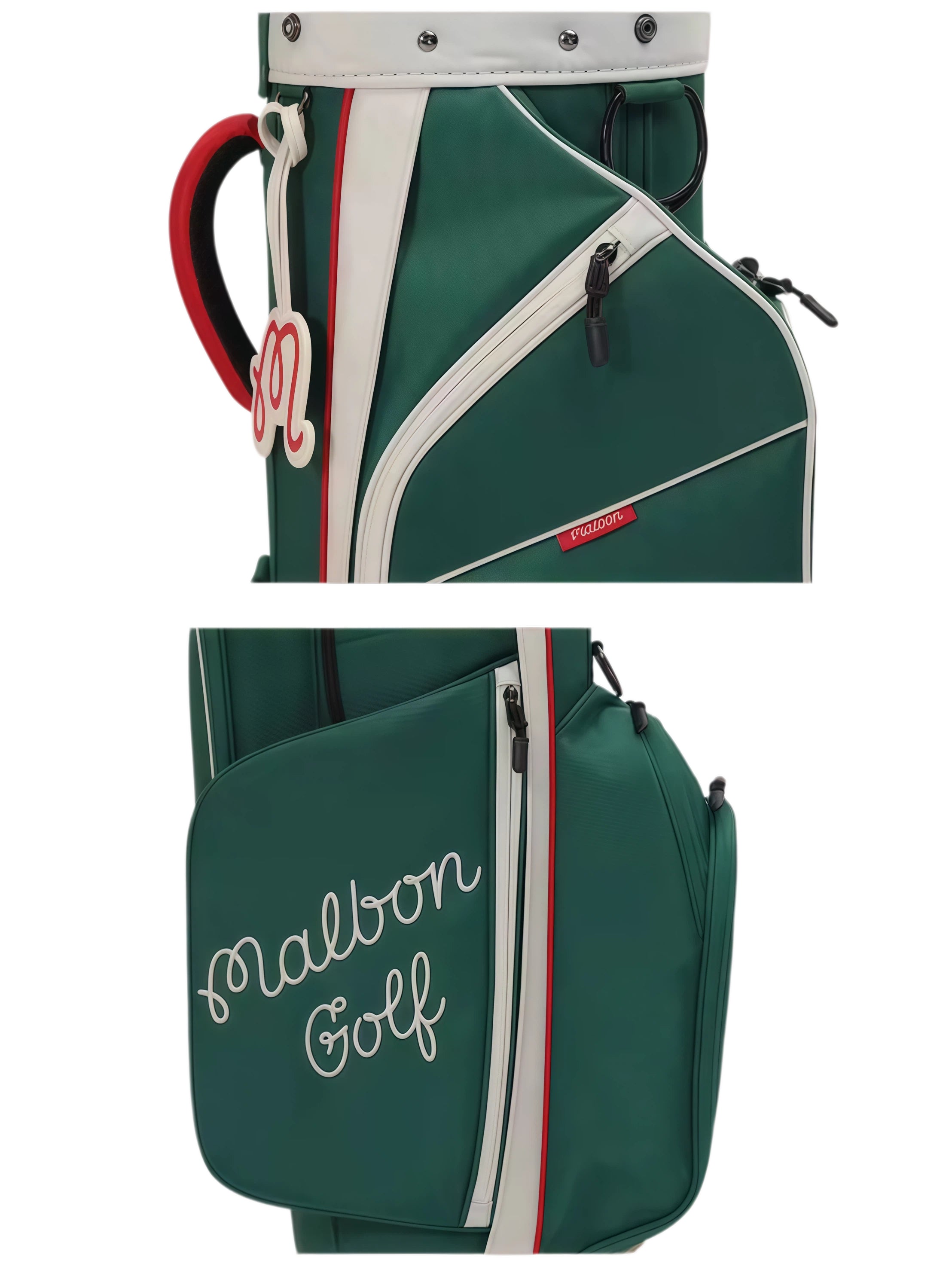 Close-up of Malbon Golf Heritage caddy bag handle, red grip, and hanging “M” logo charm with detailed stitching and brand tag