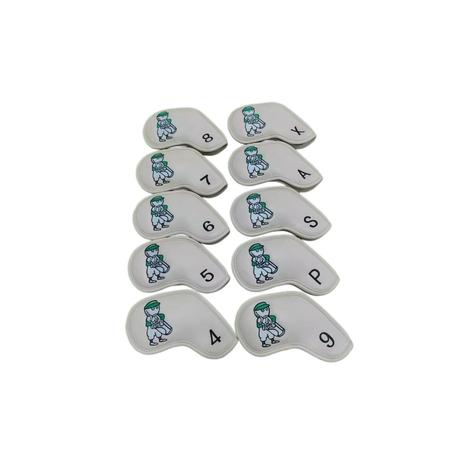 Malbon Golf Iron Headcovers Set in white with green caddy cartoon logo and black numbers 4, 5, 6, 7, 8, 9, A, P, S, X - magnetic closure PU leather design for universal iron protection