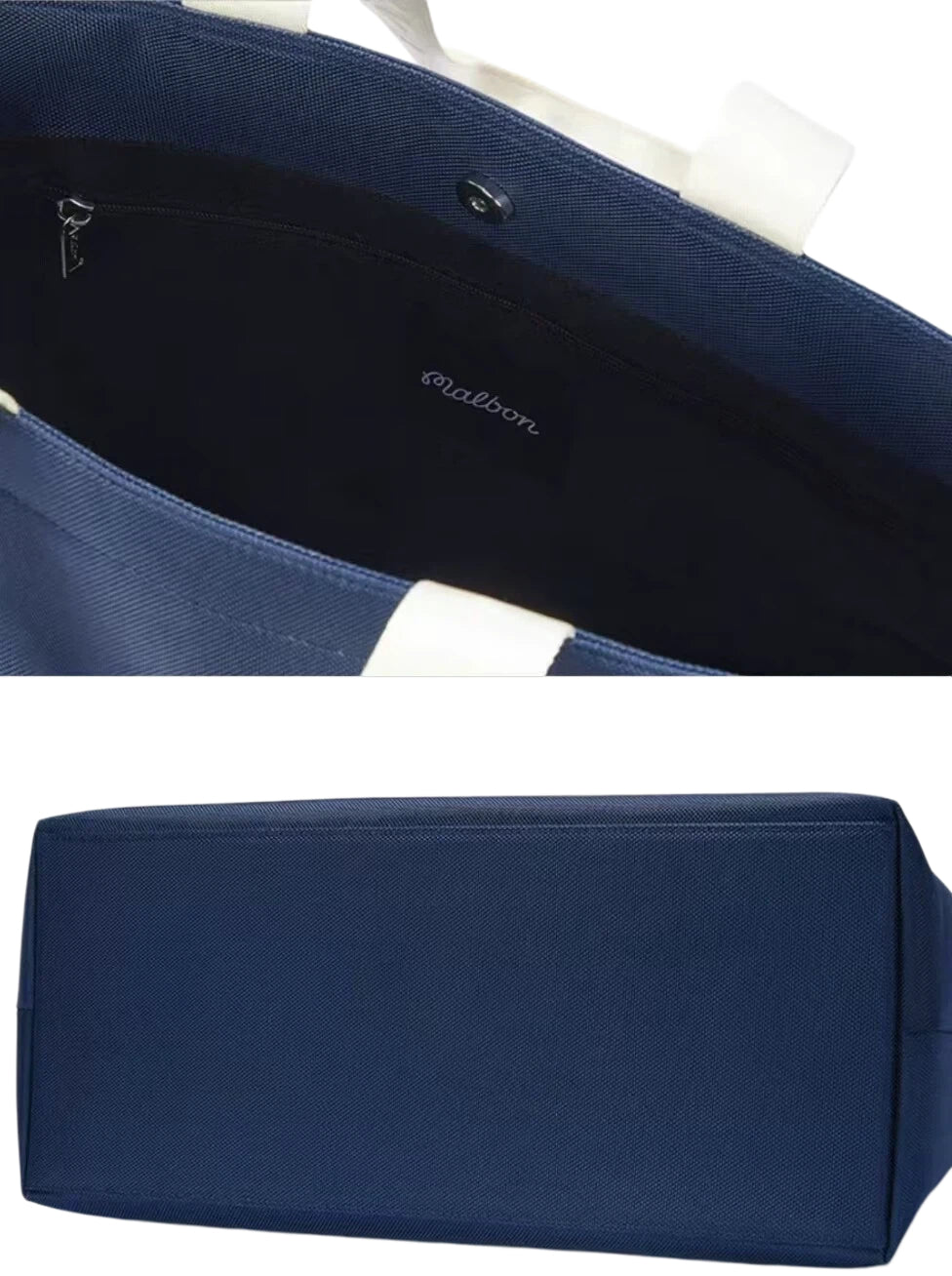 Close-up of navy blue Malbon Golf tote bag interior showing zippered compartment, black lining, and embroidered "Malbon" logo; bottom view highlights reinforced base for stability and durability.
