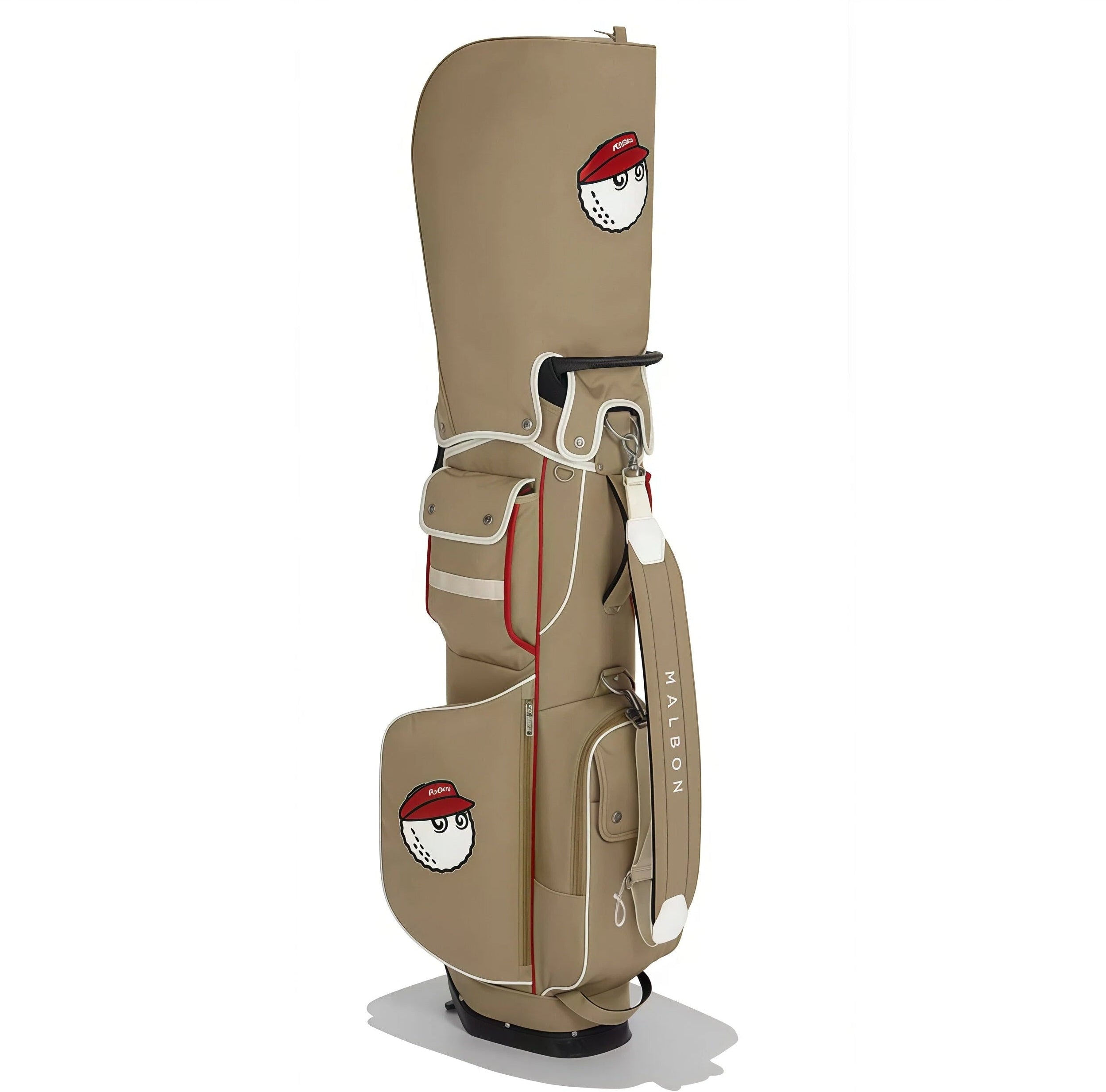 Front view of Malbon Golf new summer stand bag in beige with red piping, featuring cartoon golf ball character patch, "Golf Is Life" label, and premium PU leather finish.