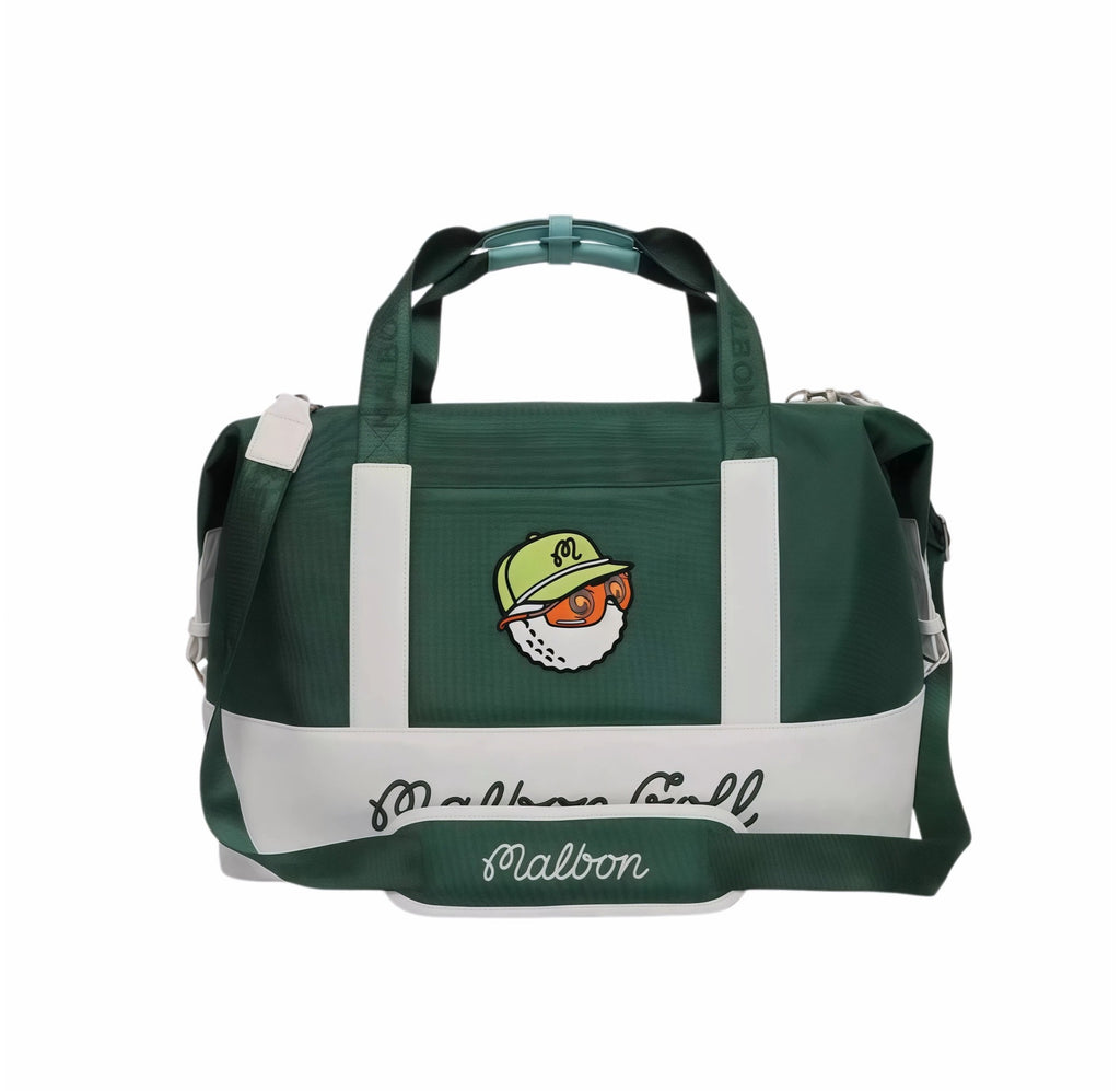 Front view of Malbon Golf Performance luxury duffel bag in forest green featuring "Buckets" golf ball character in lime cap, "Malbon Golf" script across bottom, and matching green shoulder strap
