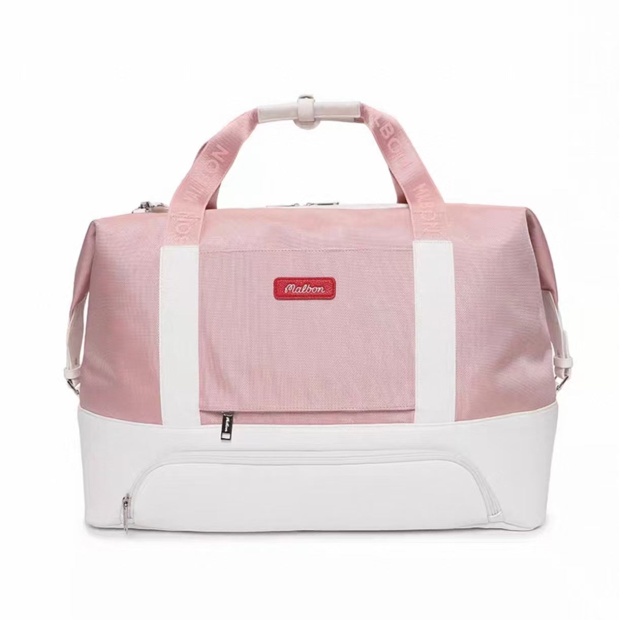 Front view of Malbon Golf Performance luxury duffel bag in soft pink with white base, white side panels, red "Malbon" brand patch, and adjustable shoulder strap