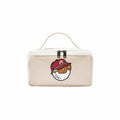 Front view of Malbon Golf performance pouch in cream white with embroidered "Buckets" mascot wearing red cap and sunglasses, perfect for golf accessories and travel essentials