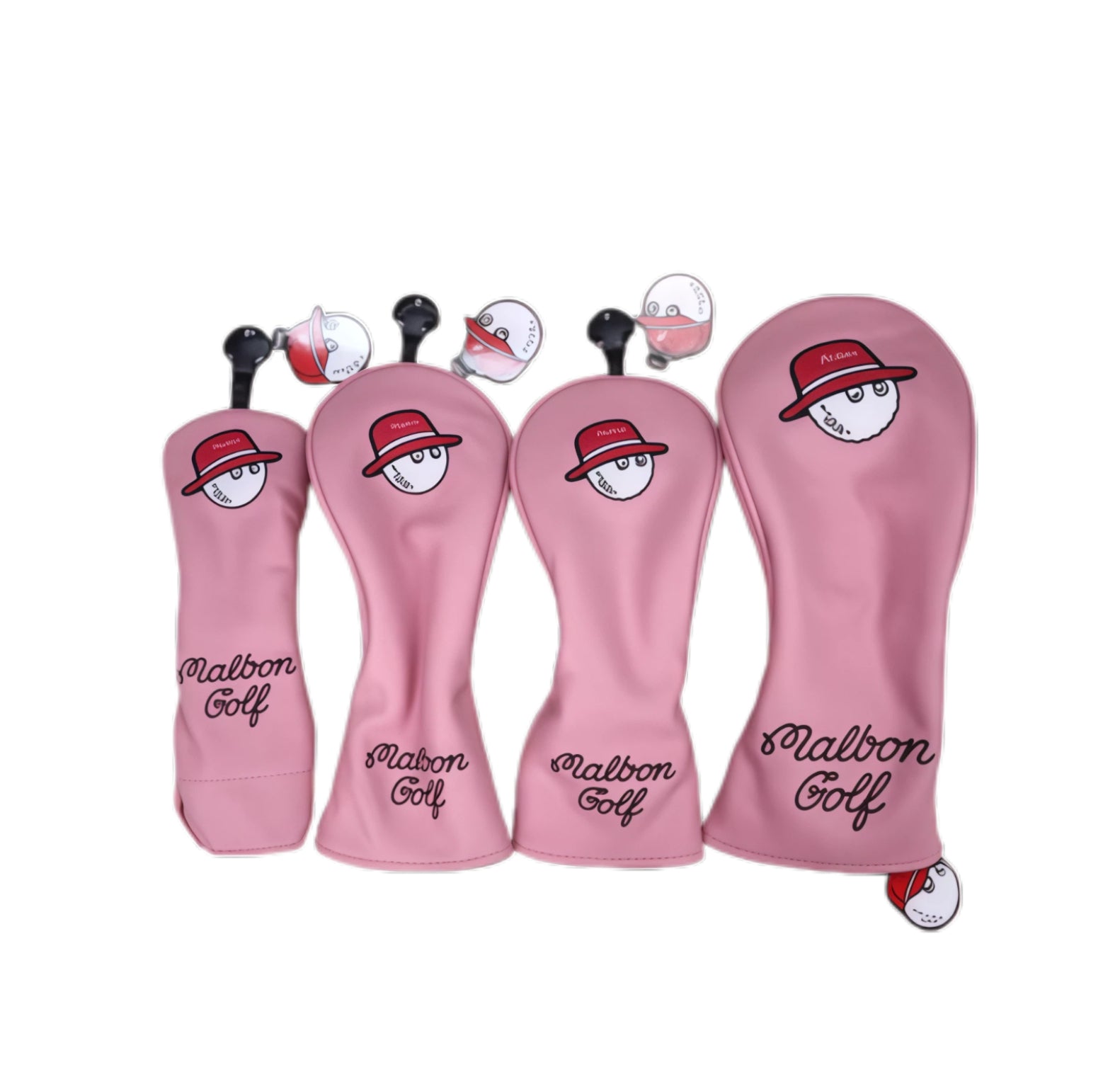 Full pink Malbon golf headcover set with mixed designs: solid driver/irons and patterned putter/iron covers — all adorned with red bucket hat characters and magnetic ball charms for easy attachment.