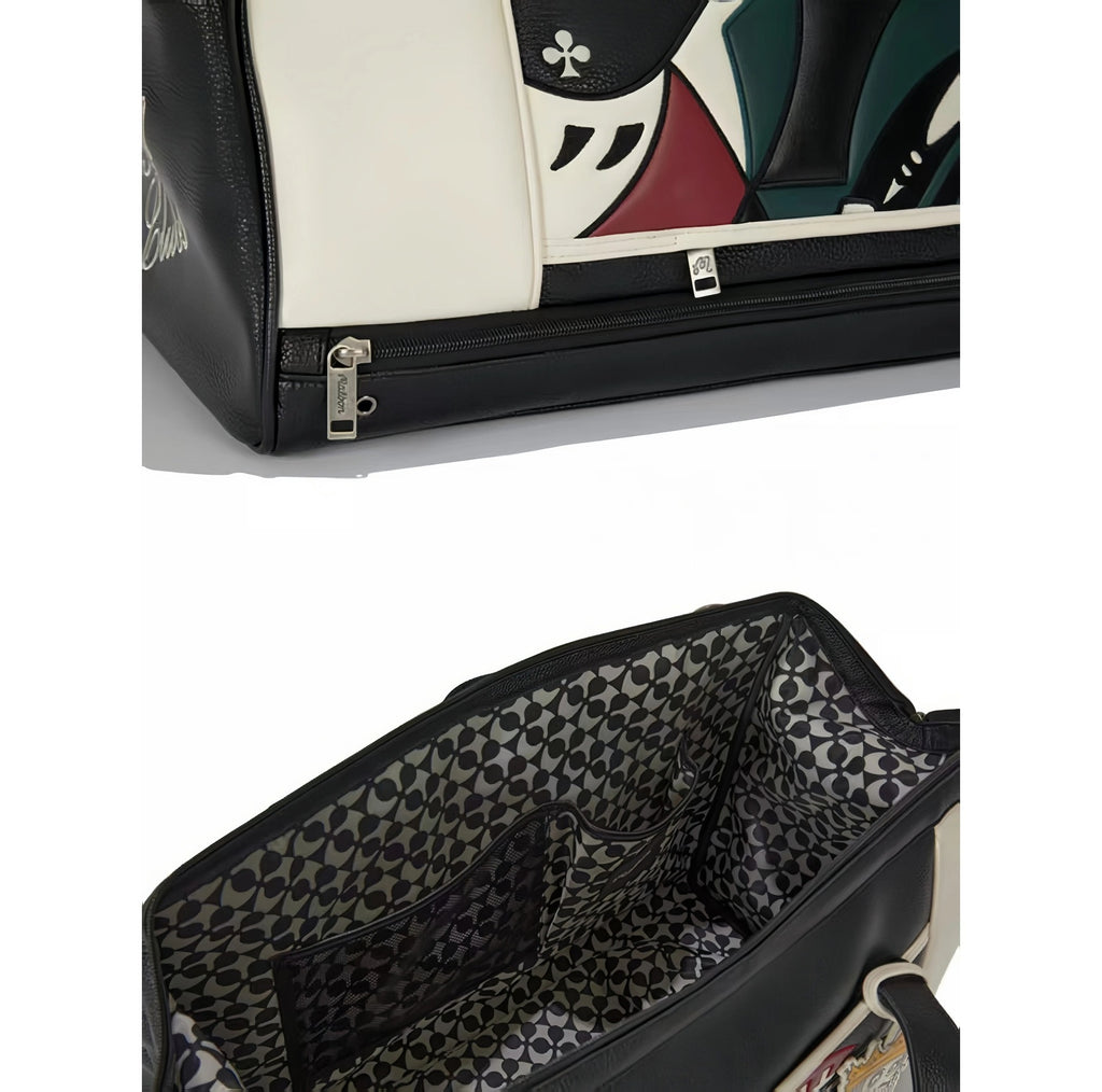 Close-up of Malbon Golf Poker King duffle bag showing silver YKK zipper with "Malbon" branded pull tab, and interior featuring black and white geometric pattern lining with mesh pockets