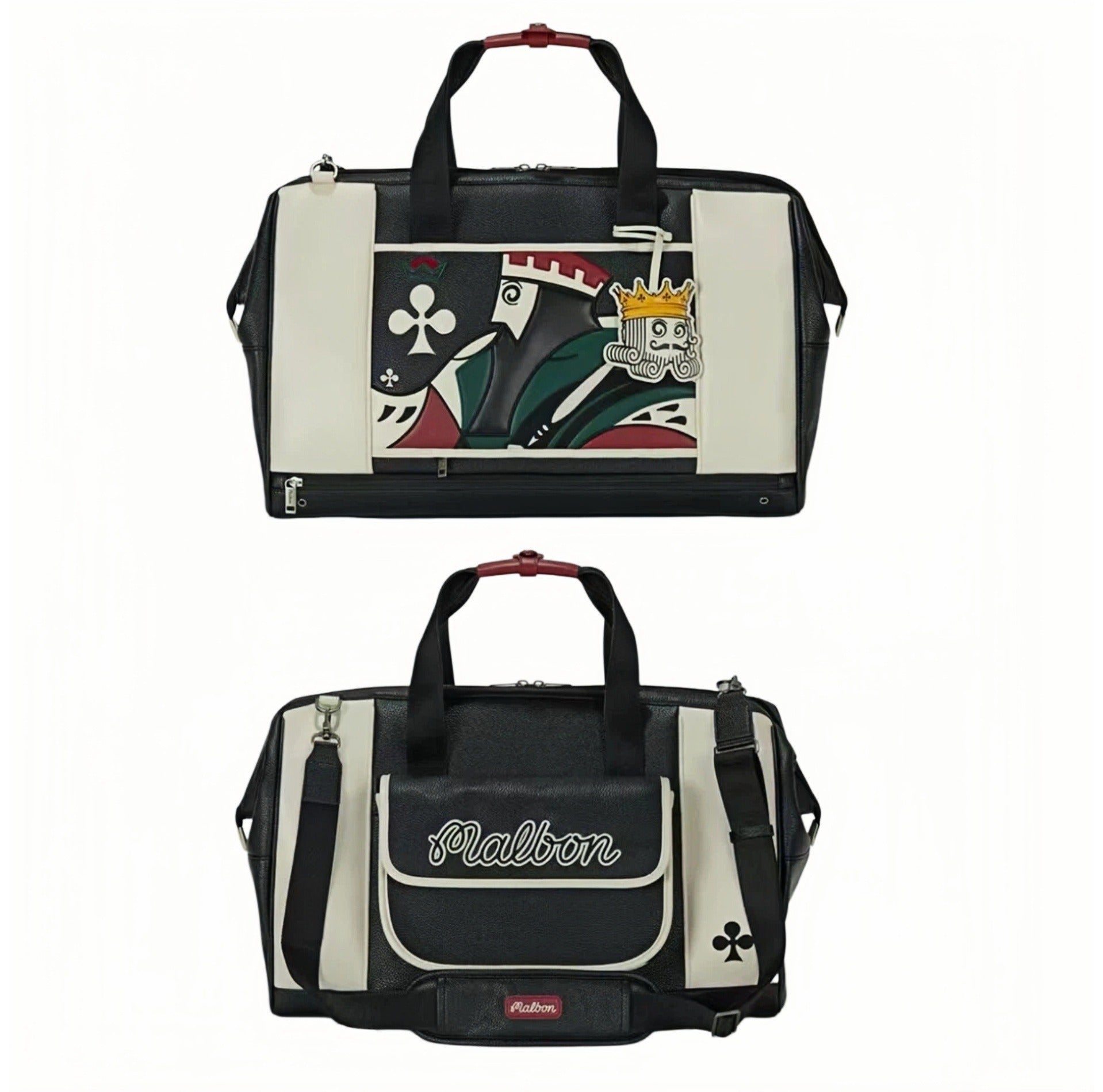 Dual-angle view of Malbon Golf Poker King duffle bag showcasing front panel with detailed King of Clubs artwork and crown charm, and back side with cursive "Malbon" script and club symbol