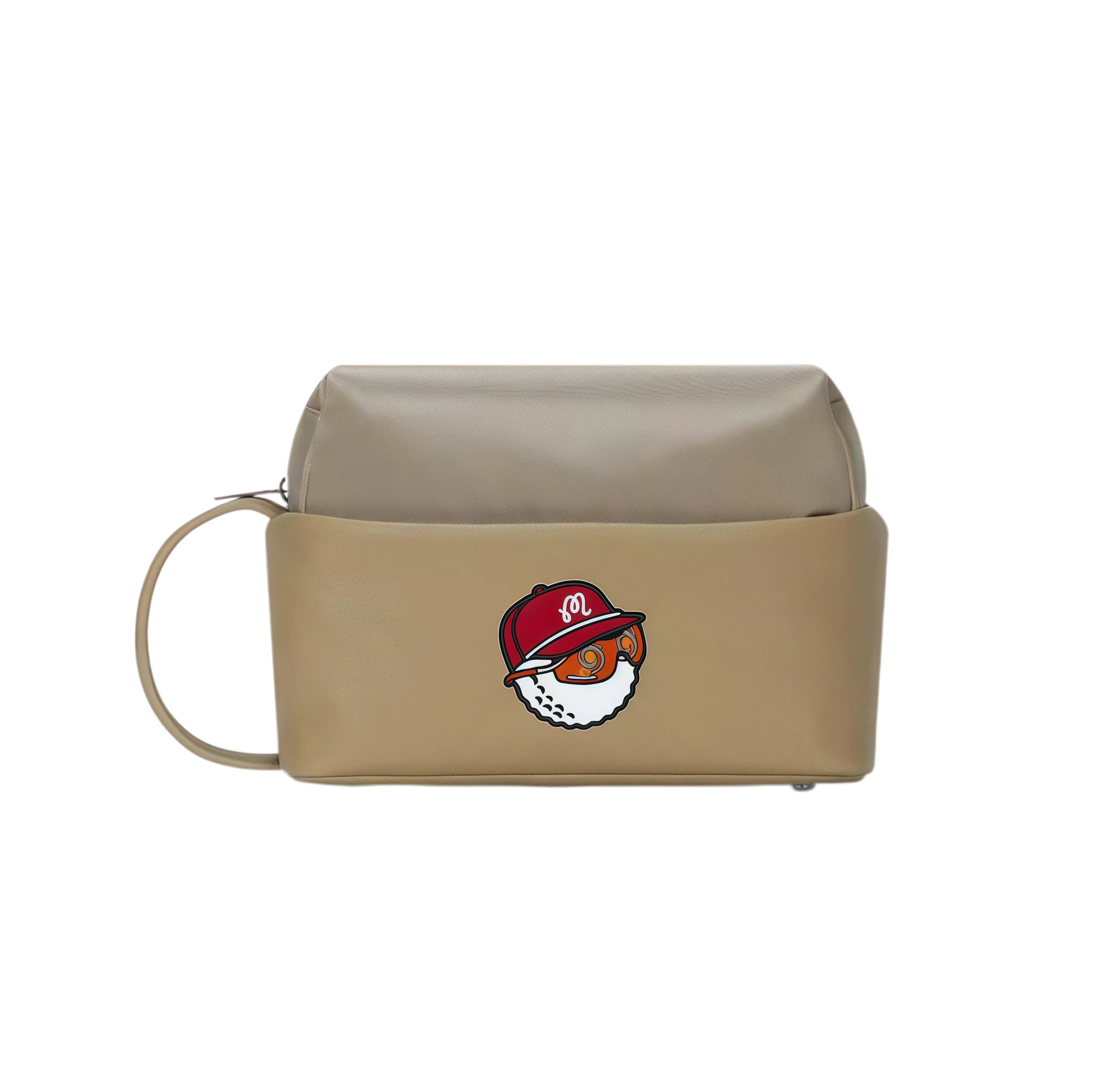 Front view of beige Malbon golf pouch with a cute cartoon golf ball character wearing a red cap and sunglasses, perfect for stylish golfers and travelers.