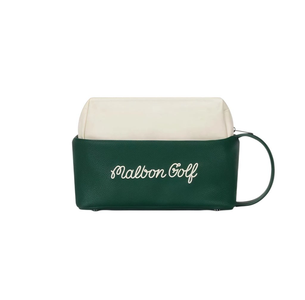 Full front view of deep green Malbon golf pouch featuring white "Malbon Golf" script logo, loop handle, and clean two-tone design for modern golf style.