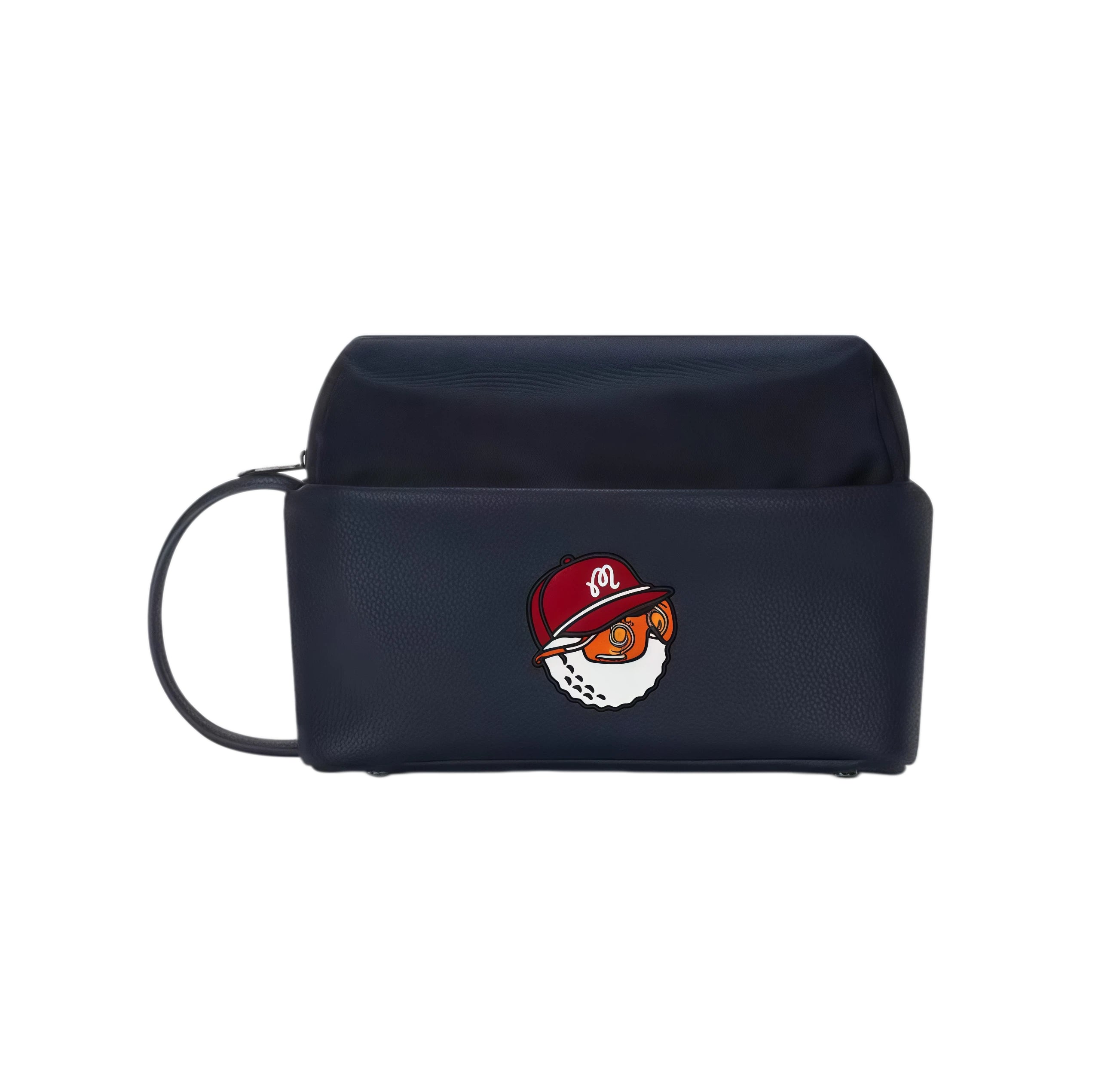 Navy blue Malbon golf pouch with a fun cartoon golf ball face wearing a red cap and orange sunglasses, ideal for storing golf accessories and toiletries.