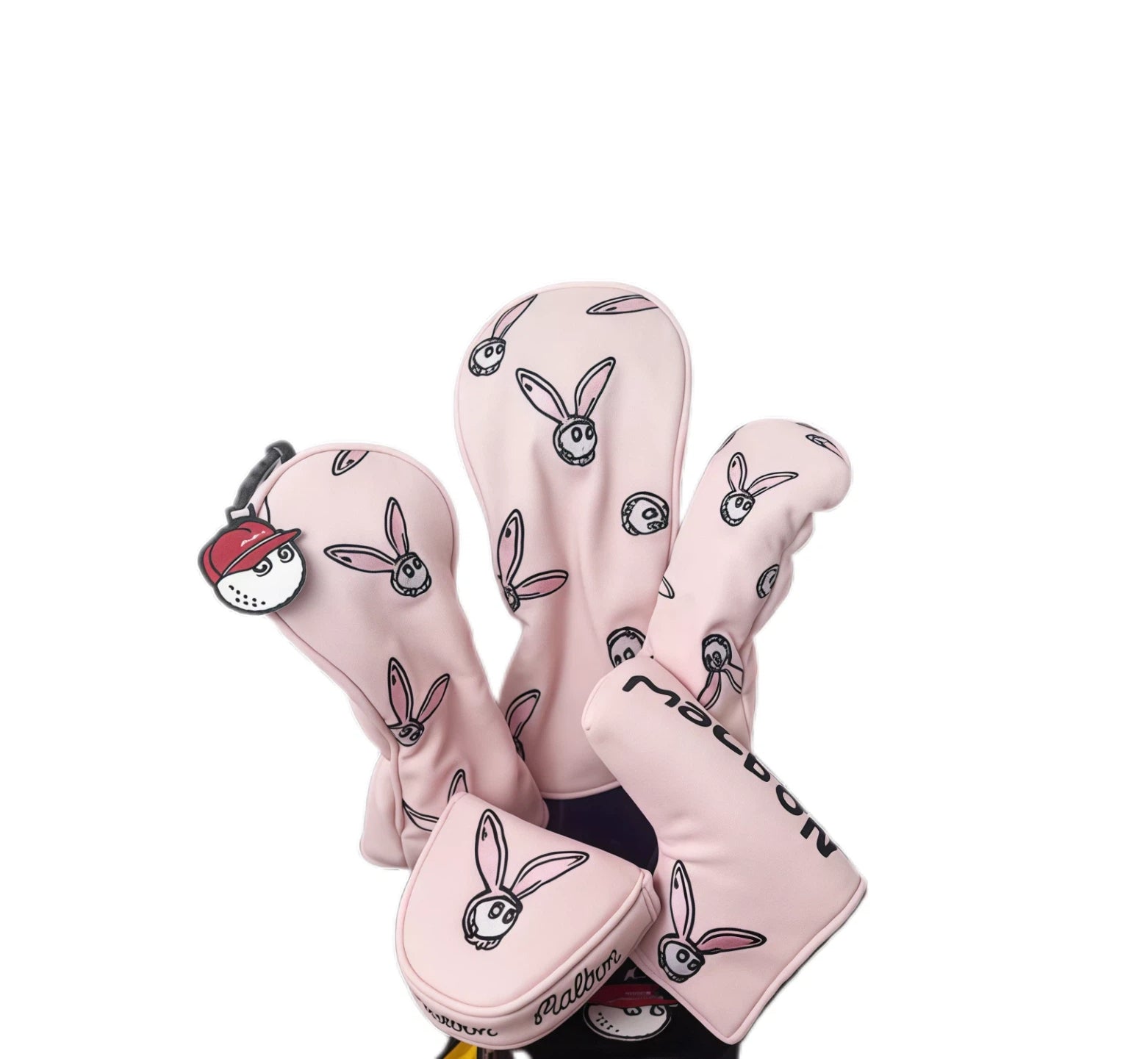Pink Malbon Golf rabbit headcover set with embroidered "Malbon" logo and red hat charm — combines cuteness and style with full club protection for driver, fairway, hybrid, and putter.