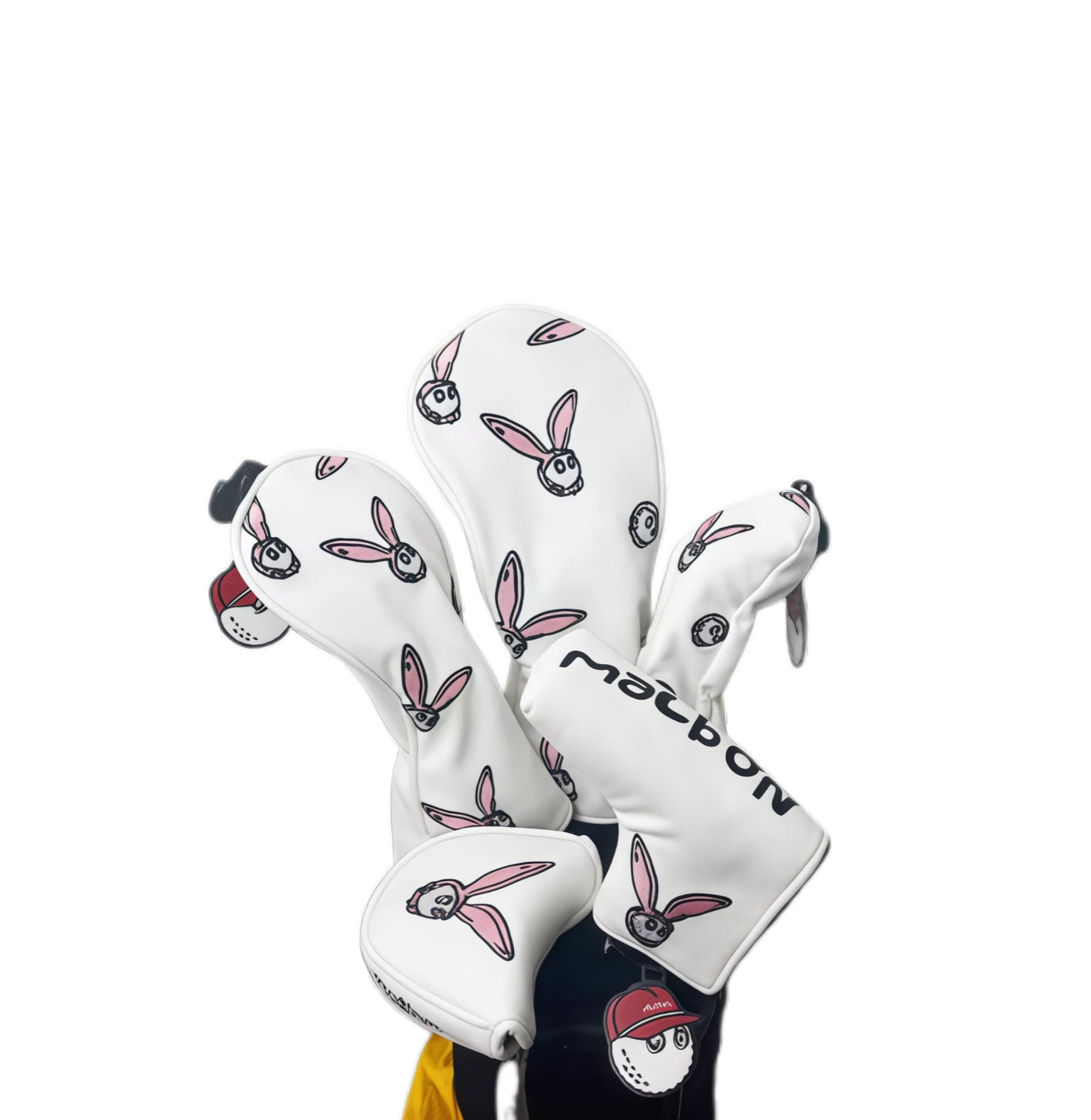 White Malbon Golf rabbit headcover set with repeating pink bunny prints and bold "Malbon" branding on the putter cover — stylish, durable protection for all your clubs with a cute and eye-catching look.