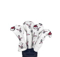 Set of white Malbon Golf headcovers featuring playful pink bunny faces and red baseball cap charms, ideal for protecting driver, fairway wood, hybrid, and putter clubs with a fun, whimsical design.
