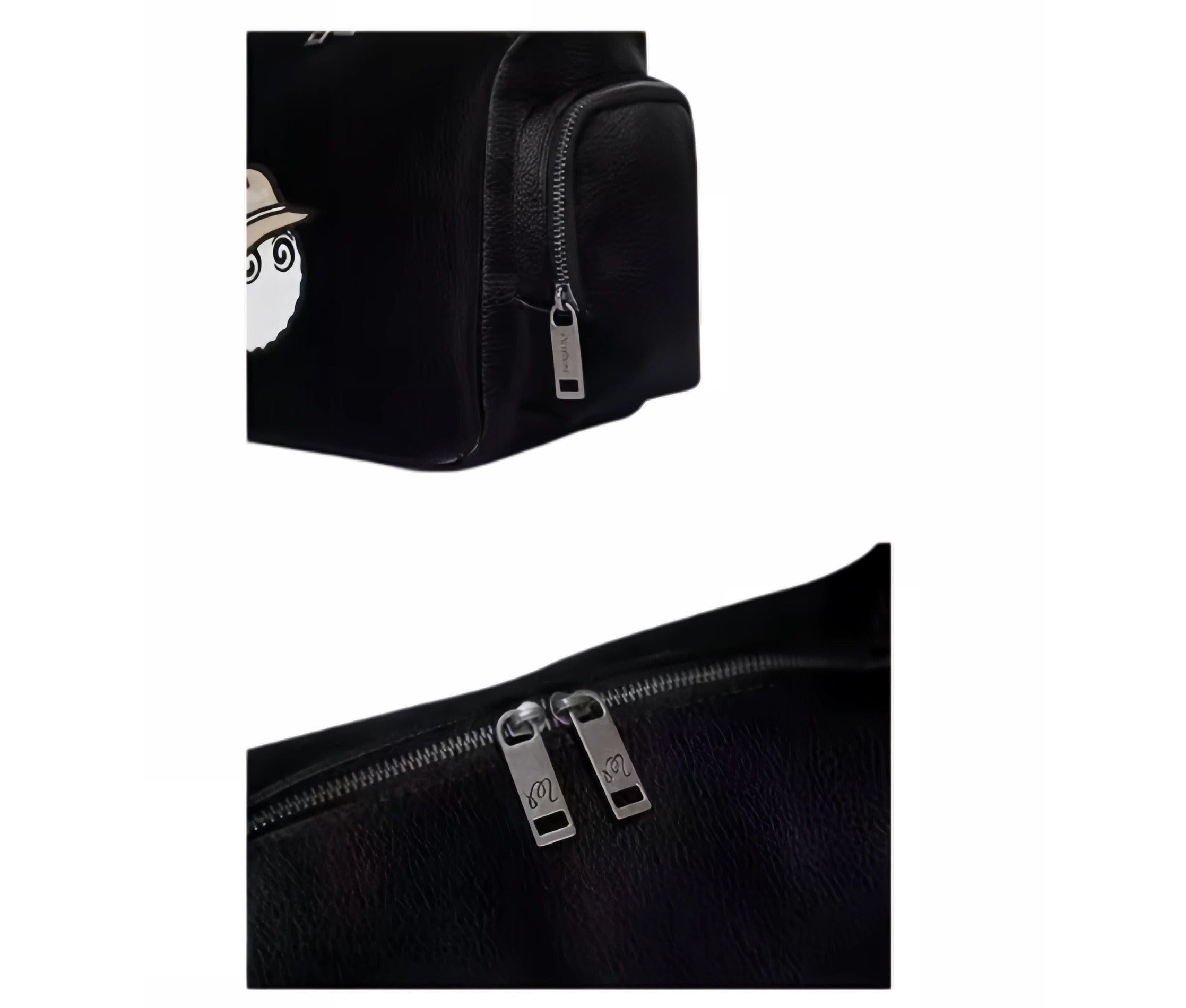  Close-up detail of Malbon Golf small shoulder bag showing textured black PU leather, side zip pocket with silver zipper, and dual metal zip pulls engraved with "M" logo