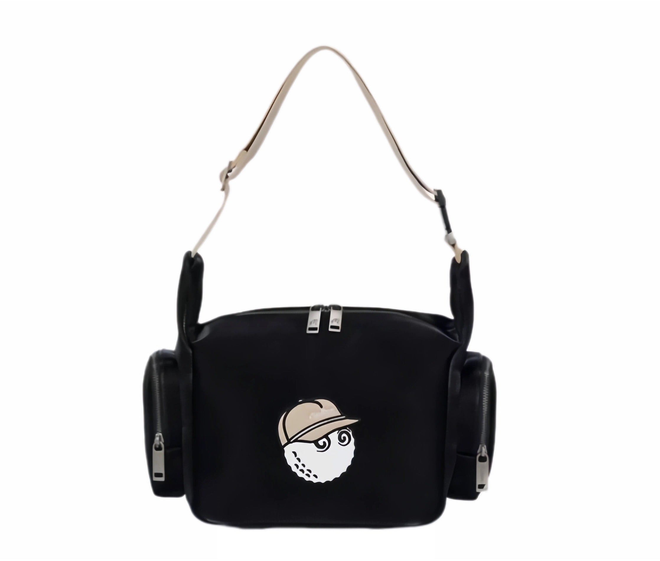 Front view of Malbon Golf small portable shoulder bag in black PU leather featuring embroidered golf ball mascot wearing beige cap, dual side zip pockets, top dual-zip closure, and adjustable beige strap