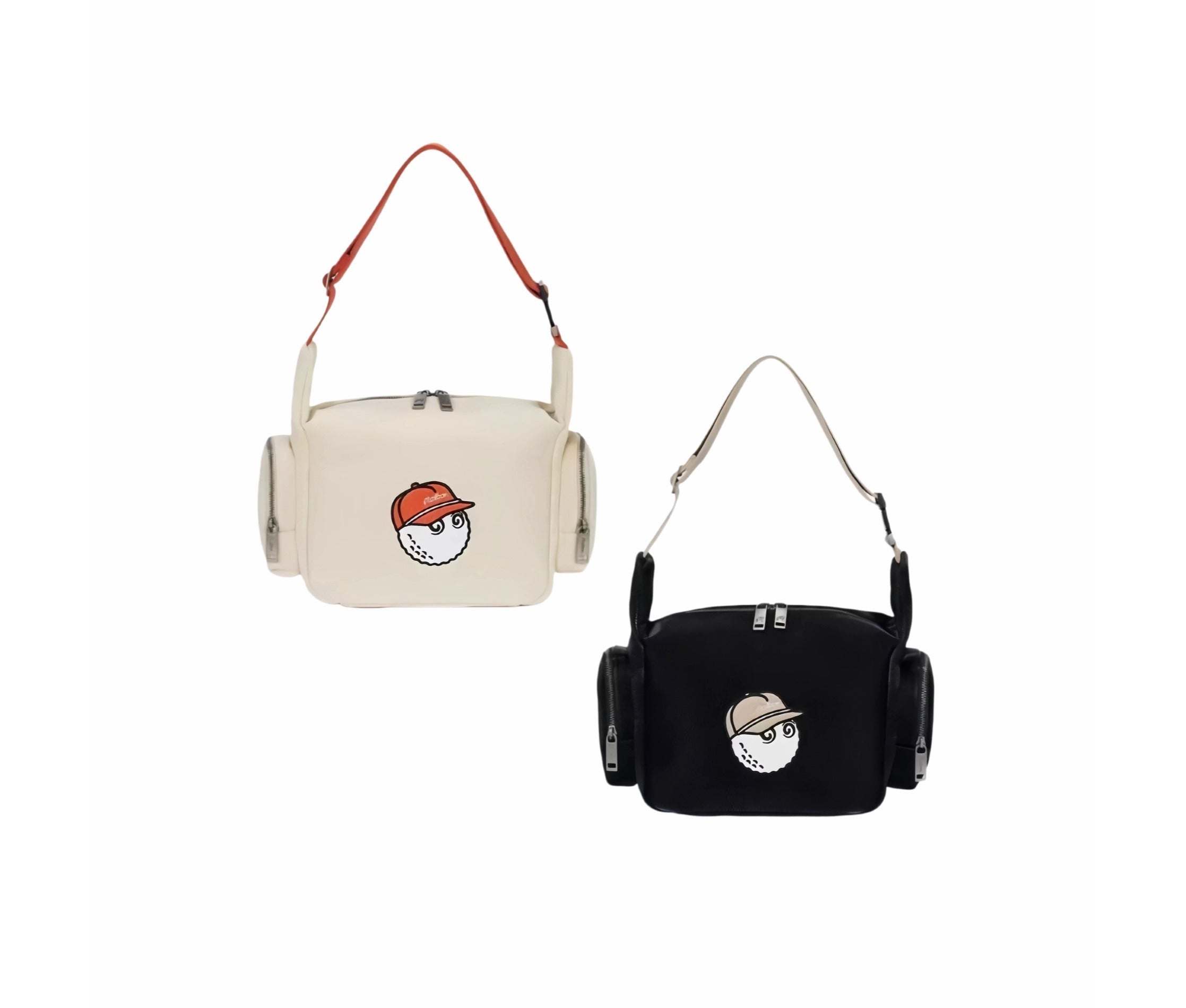 Side-by-side comparison of Malbon Golf small casual shoulder bags in black and cream colors, both featuring embroidered Buckets mascot, dual zip pockets, and adjustable straps