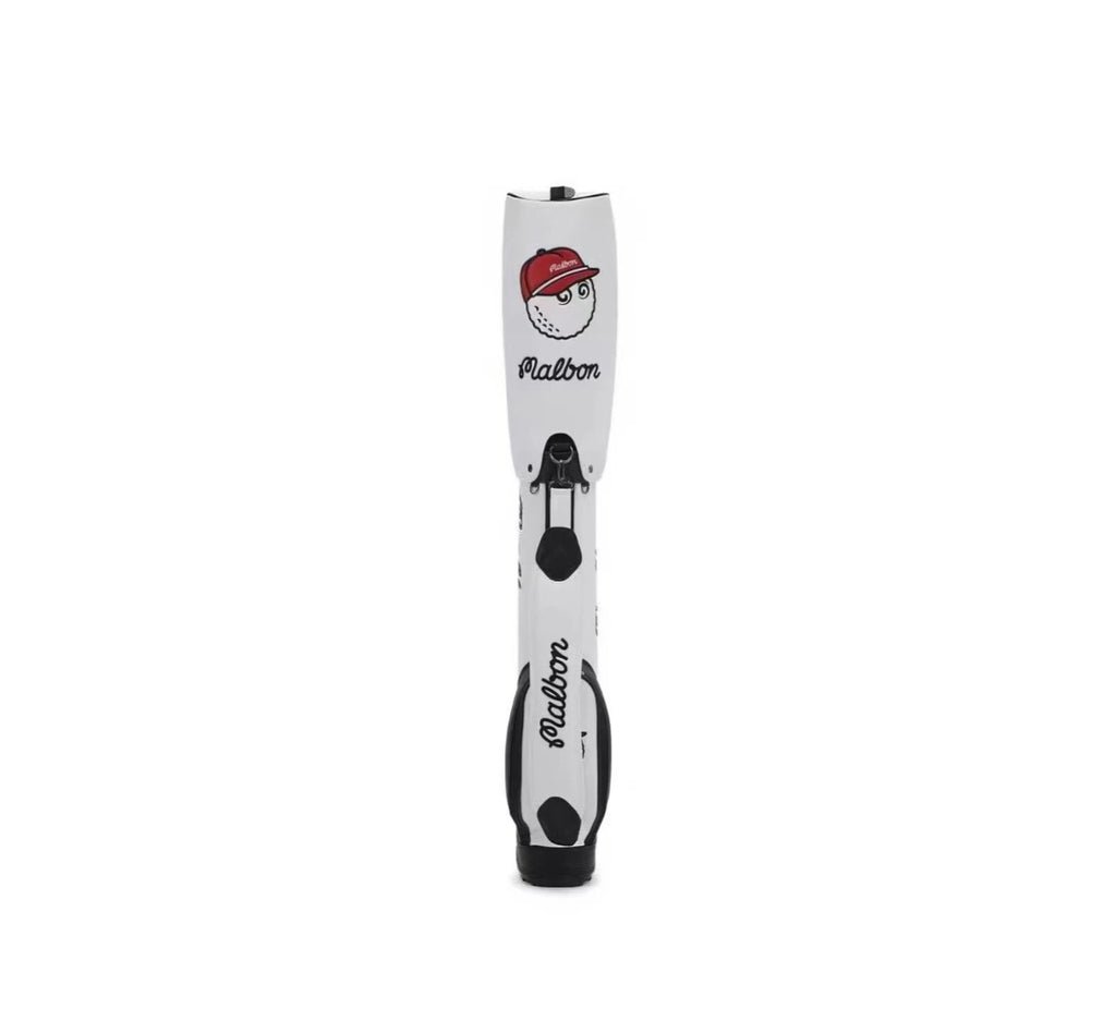 Front view of the white Malbon Golf Stand Bag, emphasizing its sleek design, waterproof PU material, and the playful red-capped golf ball character logo on the hood.