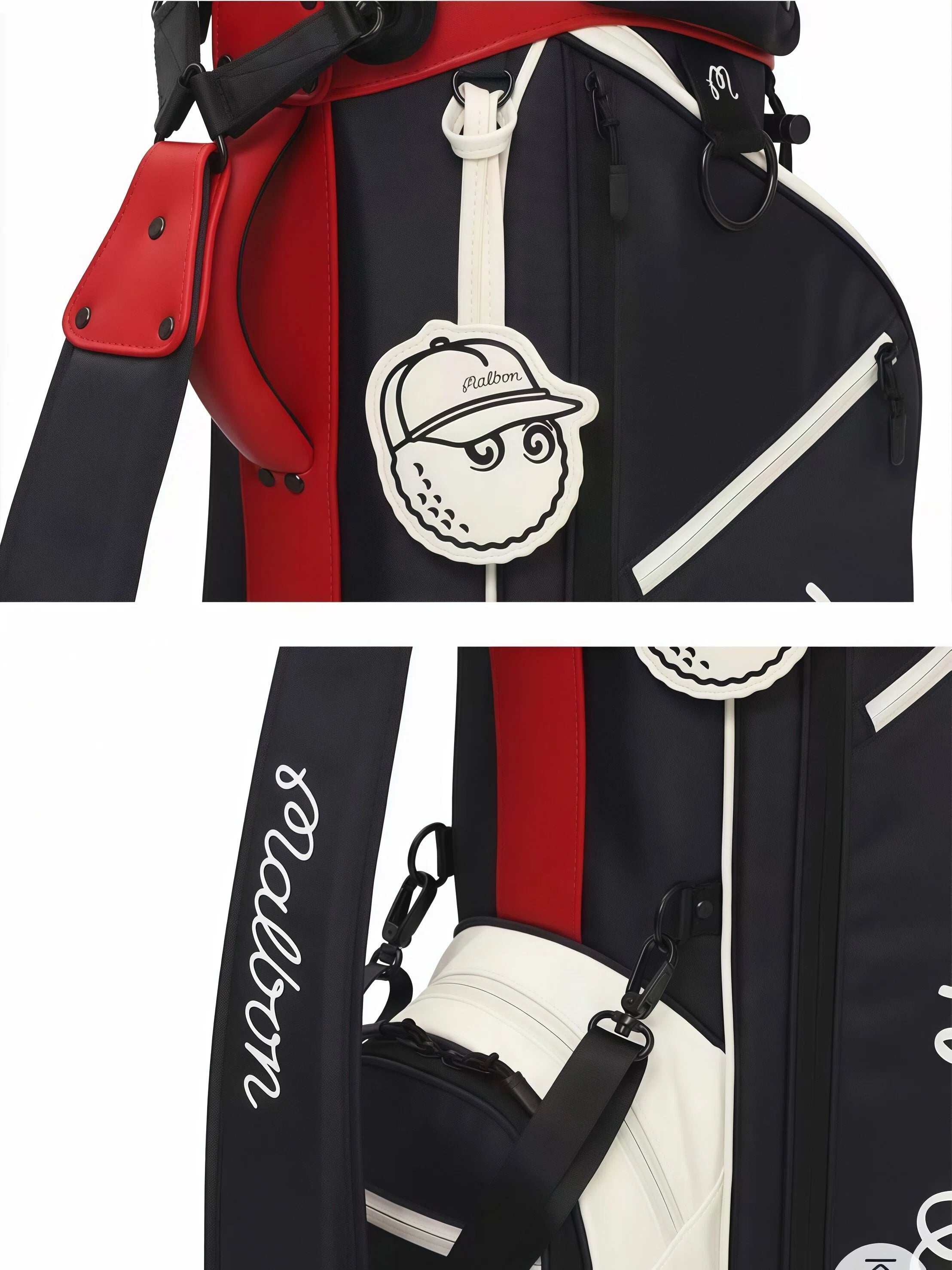 Close-up of Malbon Golf stand bag featuring the branded golf ball character tag with cap, "Malbon" script on the shoulder strap, and red accent stitching.