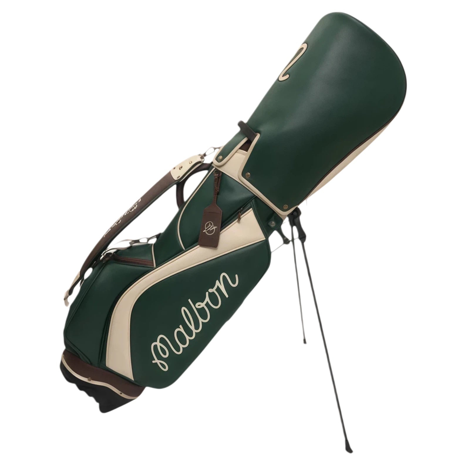 Angle view of Malbon Golf stand bag in forest green PU leather with deployed stand legs, showcasing its stability, top carry handle, and sleek professional design.