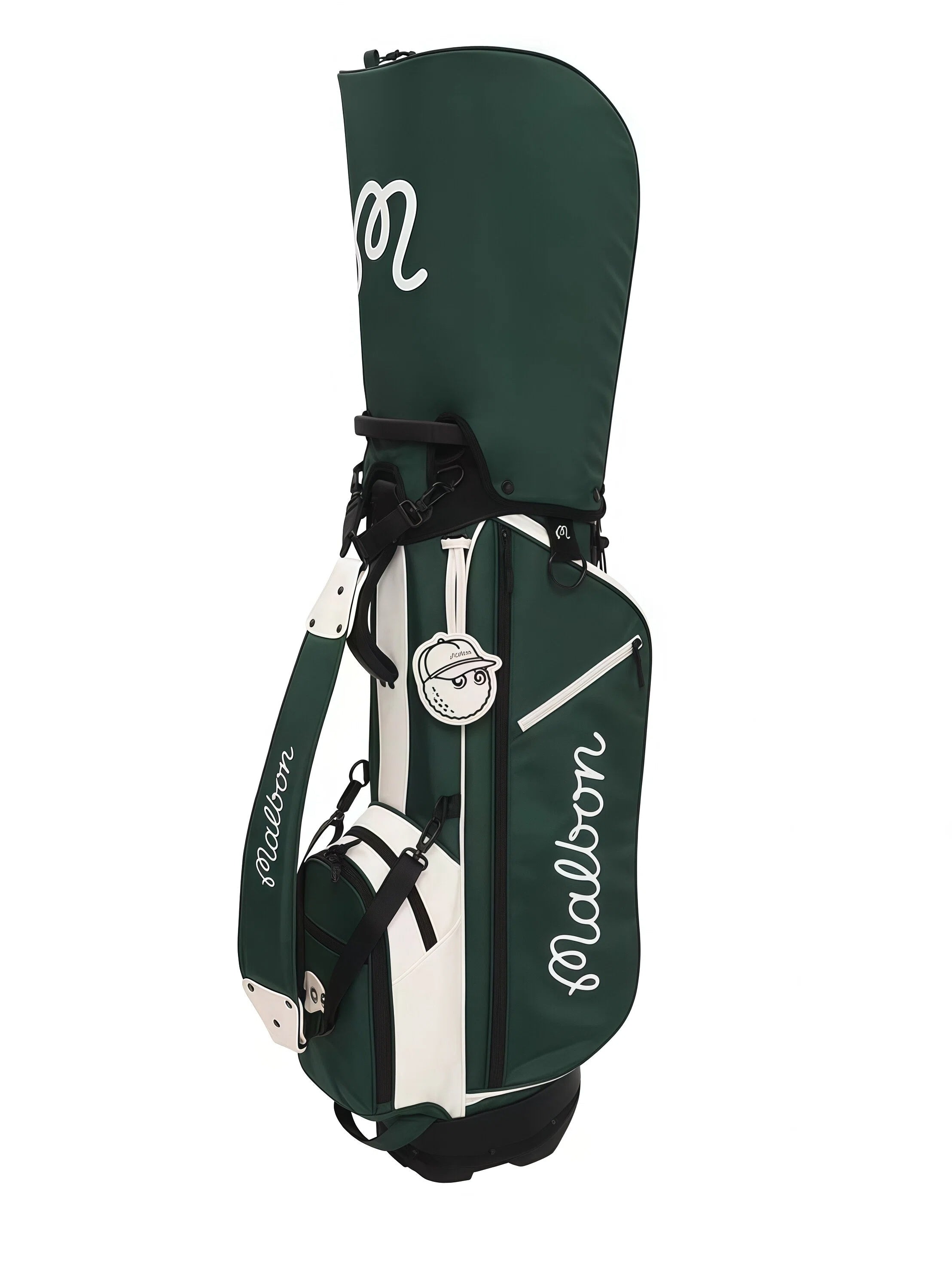 Front view of Malbon Golf stand bag showcasing full "Malbon" script logo, side zippered pocket, top carry handle, and integrated accessory pouch.