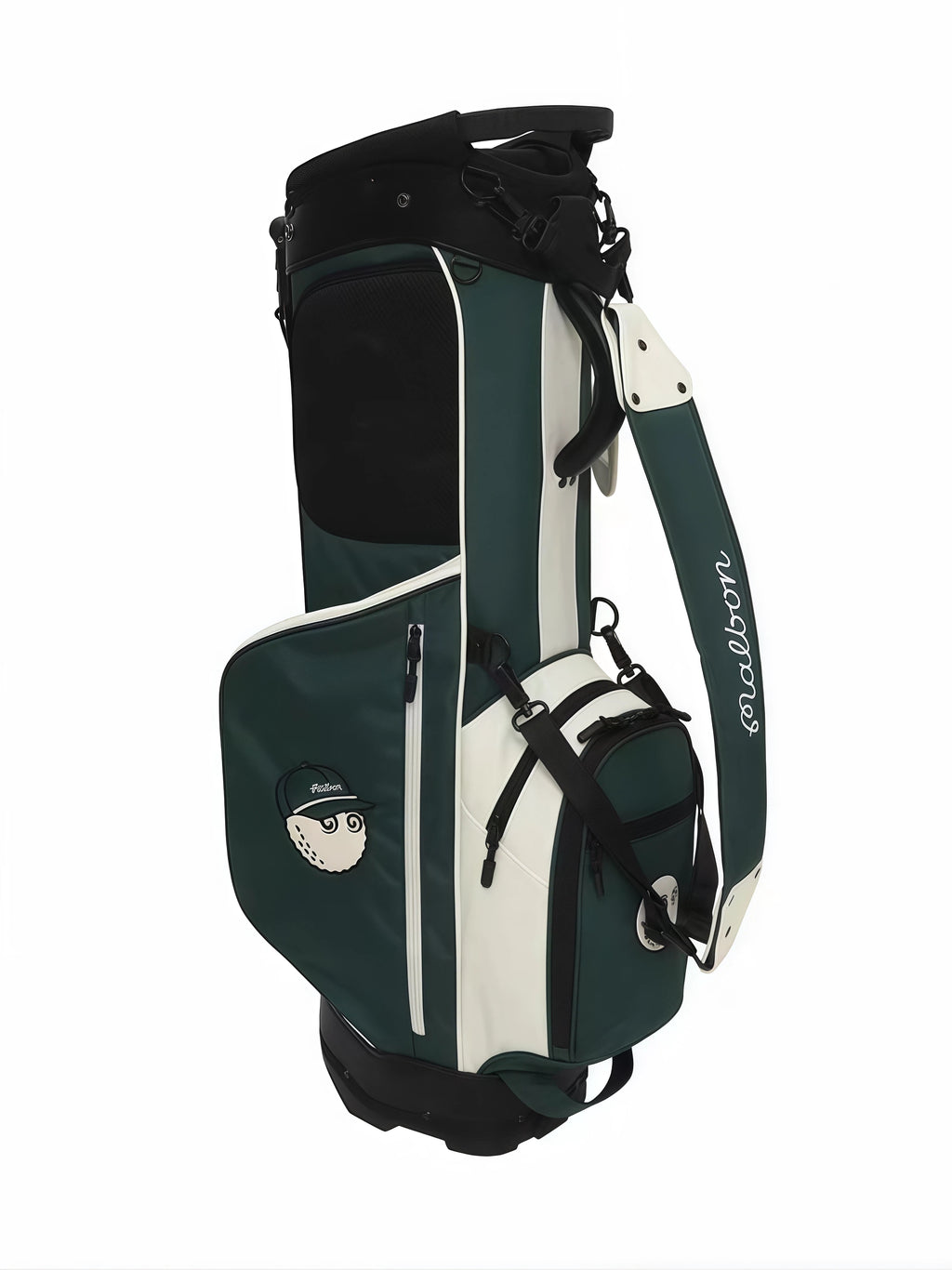 Side view of Malbon Golf stand bag featuring an external accessory pouch, contrast stitching, and durable PU leather material in forest green and white.