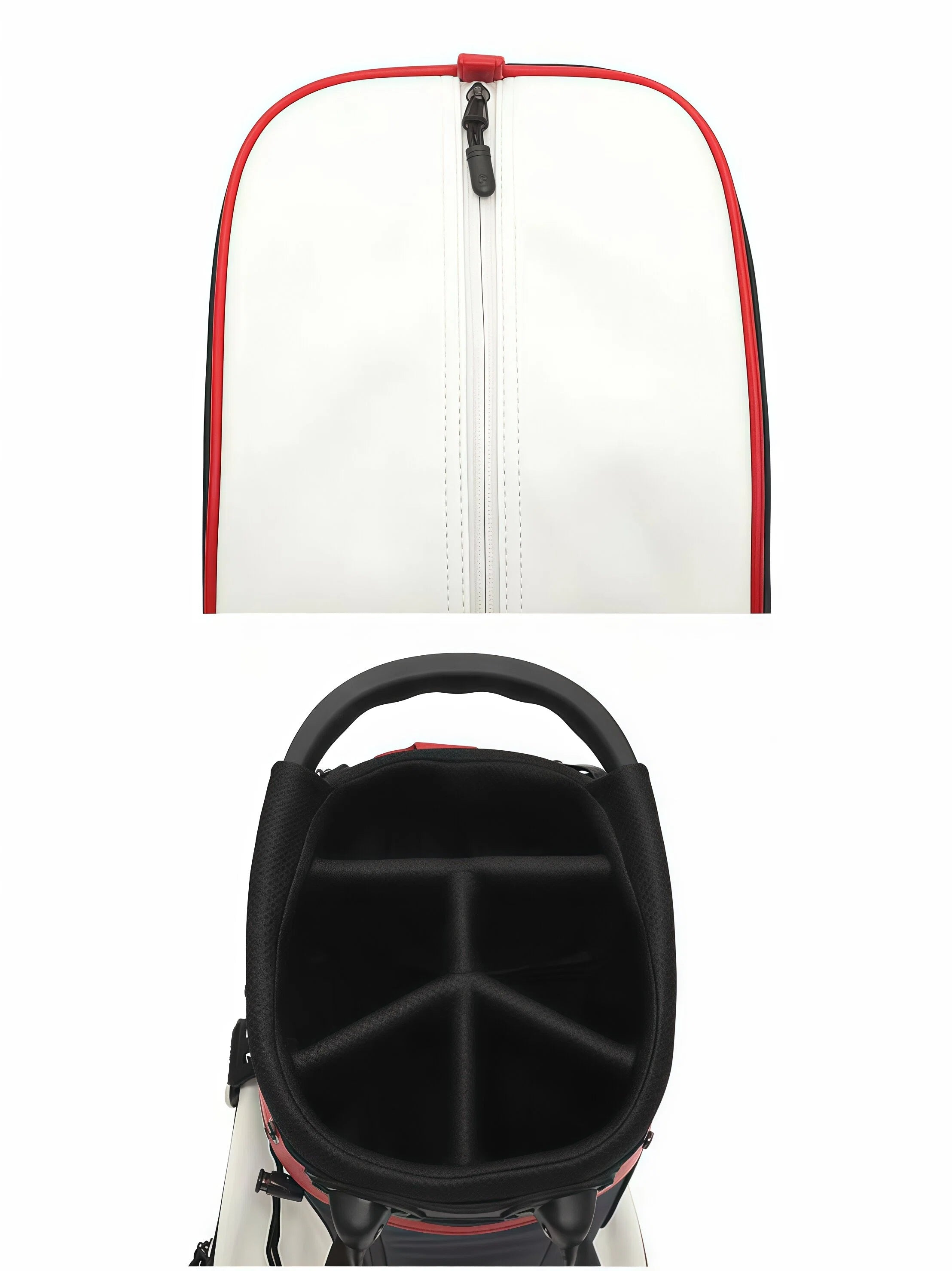 Top-down view of Malbon Golf stand bag showing full-length zipper closure and padded interior with black club dividers for secure organization of golf clubs.