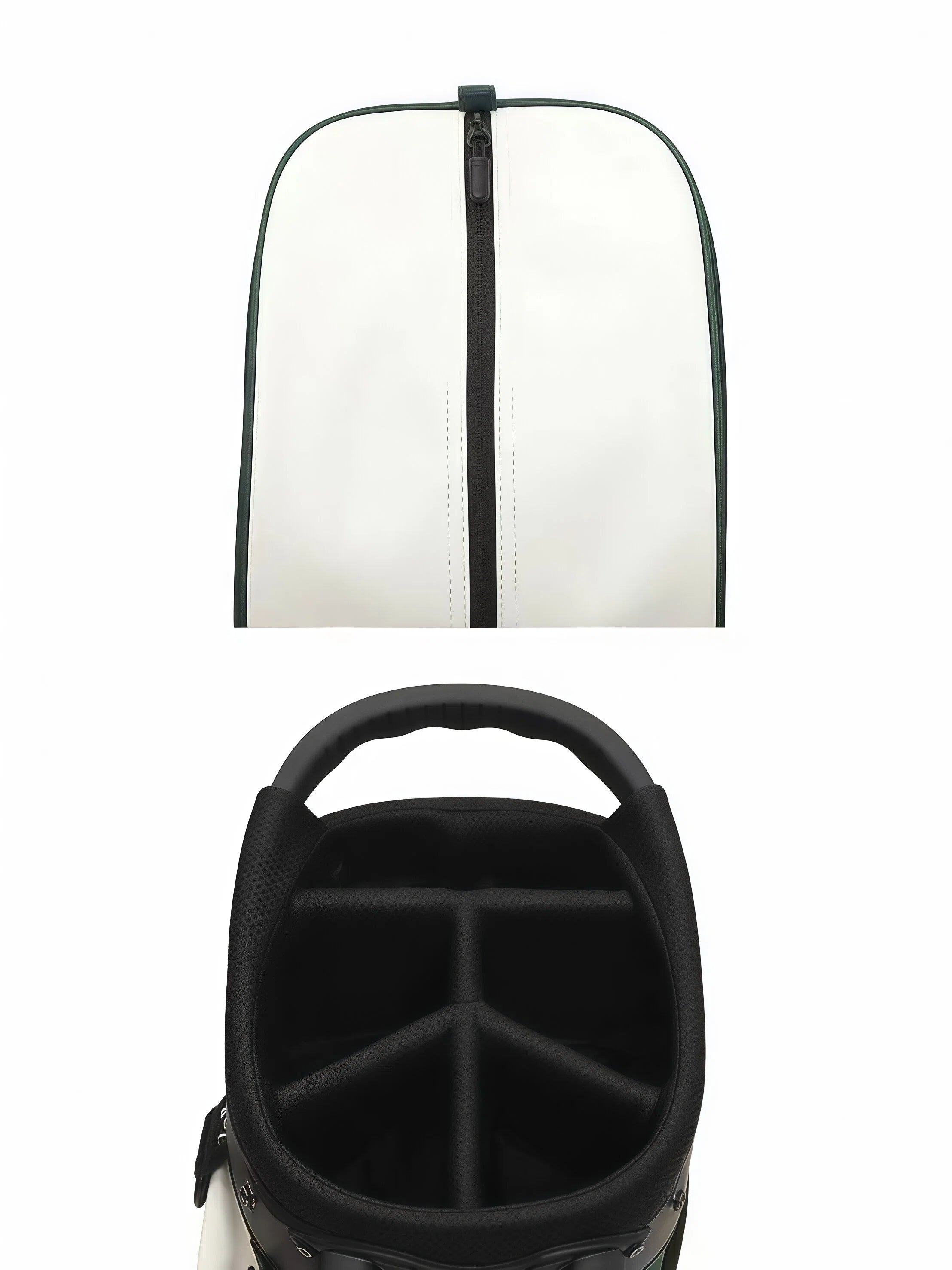 Top-down view of Malbon Golf stand bag showing full-length zipper closure and padded interior with black club dividers for secure organization of golf clubs.