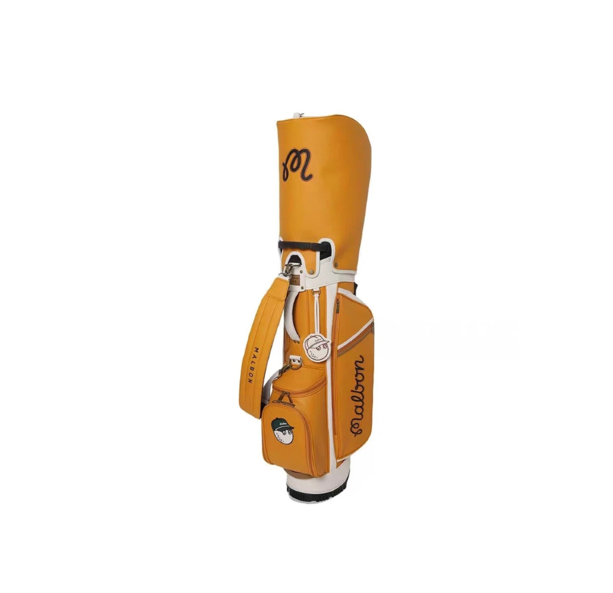 Side view of the Malbon Golf Stand Bag in Mustard Yellow featuring premium PU leather construction, white accents, signature "Malbon" script branding, and the iconic Malbon character mascot on the pocket.
