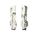 Dual view of Malbon Golf Stand Bag showing both carry mode (with shoulder strap) and stand mode (legs deployed). Features premium PU leather, waterproof finish, and club organizer compartments.
