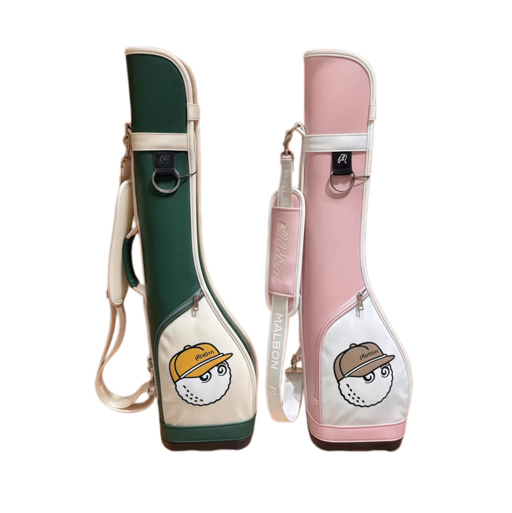 Side-by-side view of green and pink Malbon Golf Sunday bags with matching mascot patches. Both feature adjustable straps and stylish two-tone finishes.
