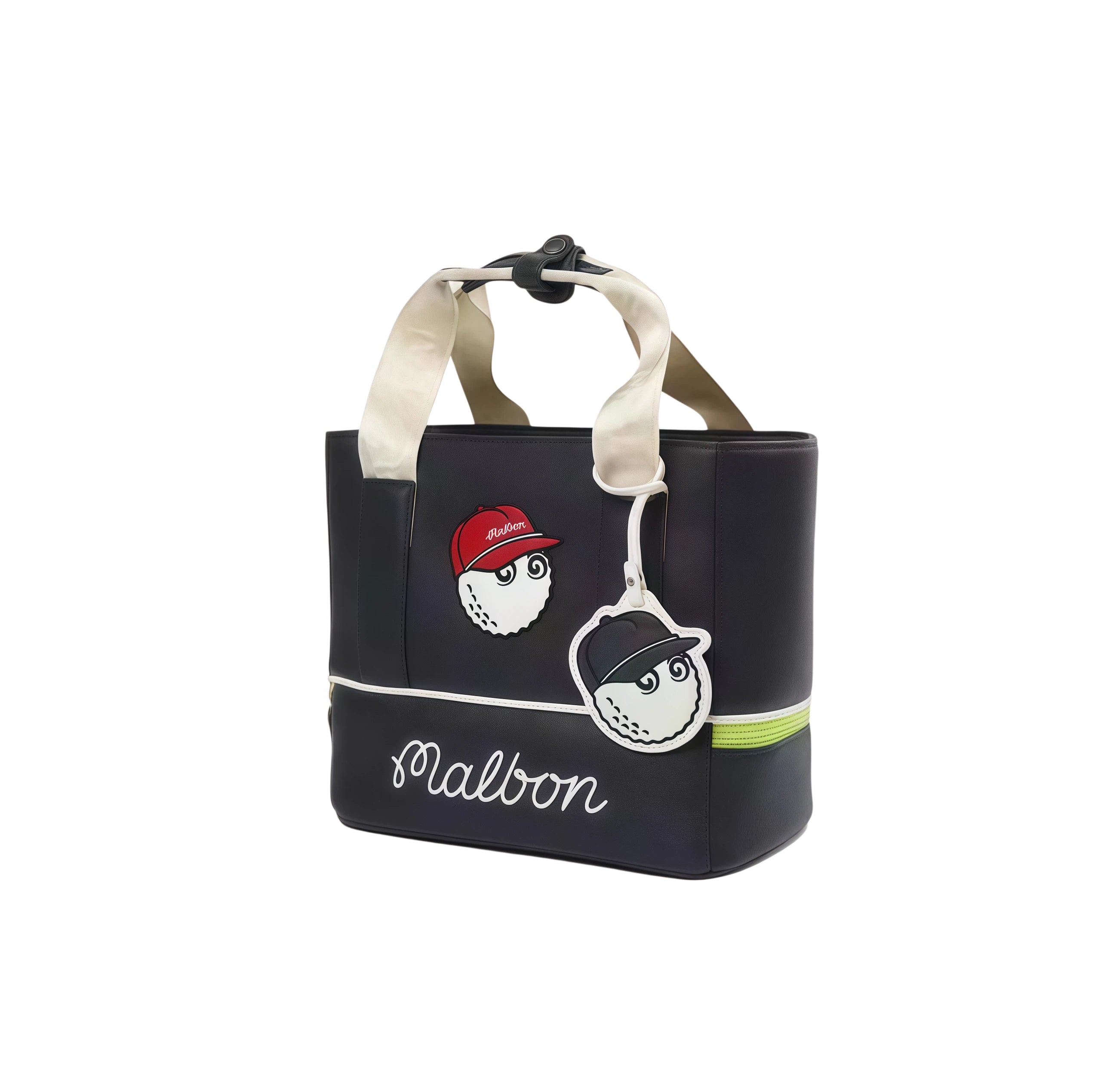 Black Malbon golf tote bag featuring a cute cartoon golf ball character wearing a red cap with "Malbon" logo, white handles, and stylish embroidered brand name on the front.
