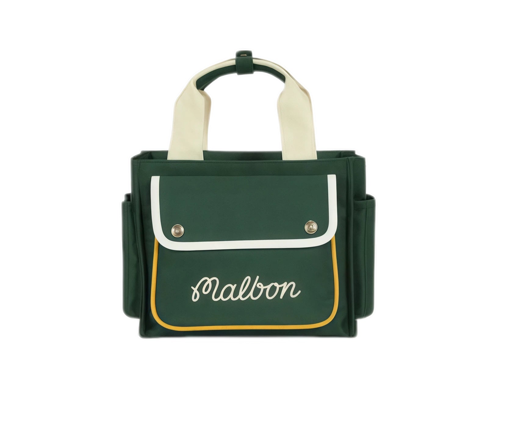 Front view of dark green Malbon golf tote bag with cursive "Malbon" embroidery, white flap trim, gold piping detail, and two side pockets.