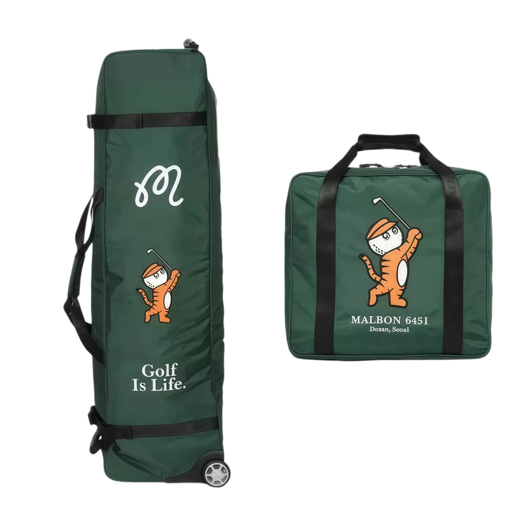 Malbon Golf travel cover in extended form with wheels and compact folded version featuring orange tiger mascot swinging a golf club and “Golf Is Life” slogan