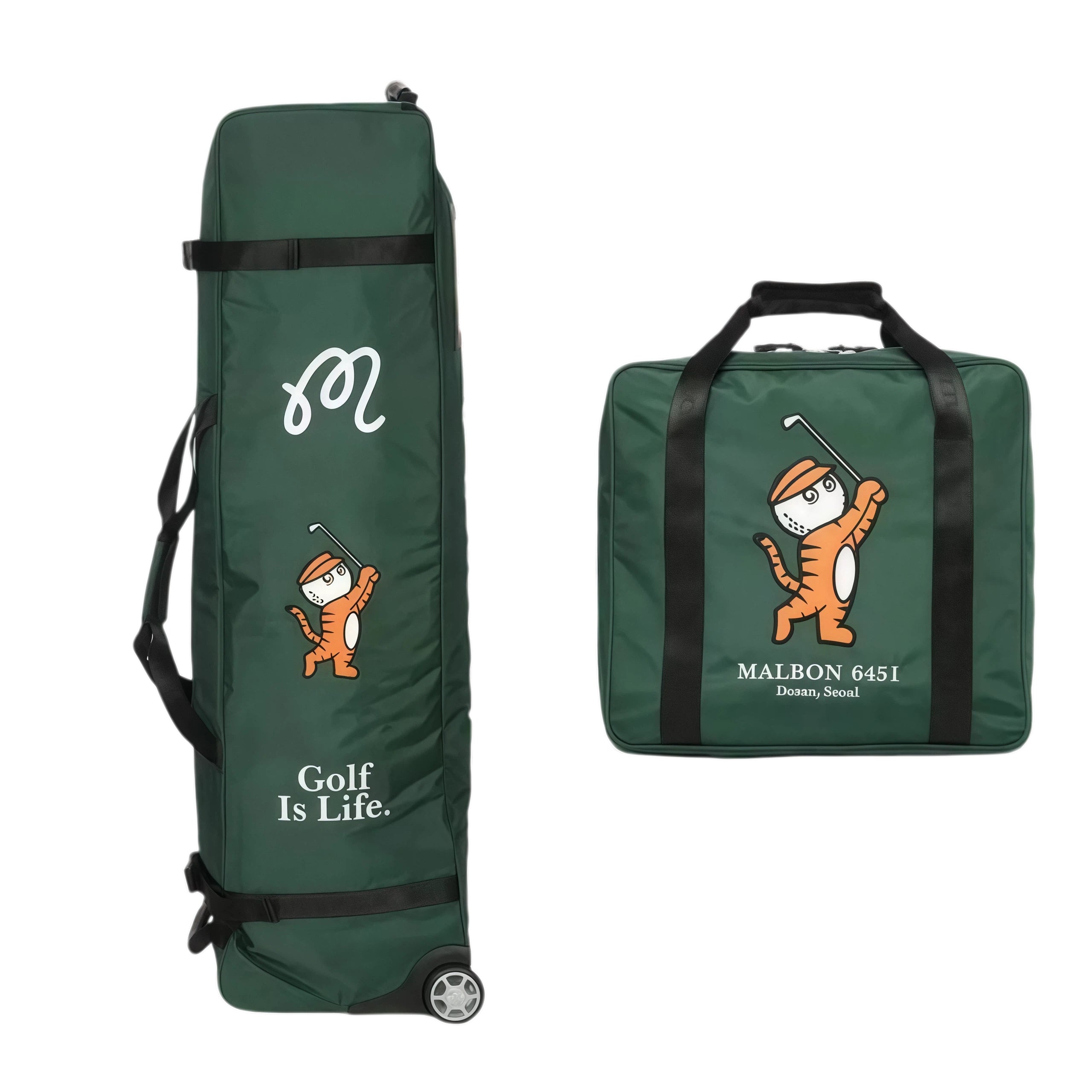 Malbon Golf travel cover in extended form with wheels and compact folded version featuring orange tiger mascot swinging a golf club and “Golf Is Life” slogan