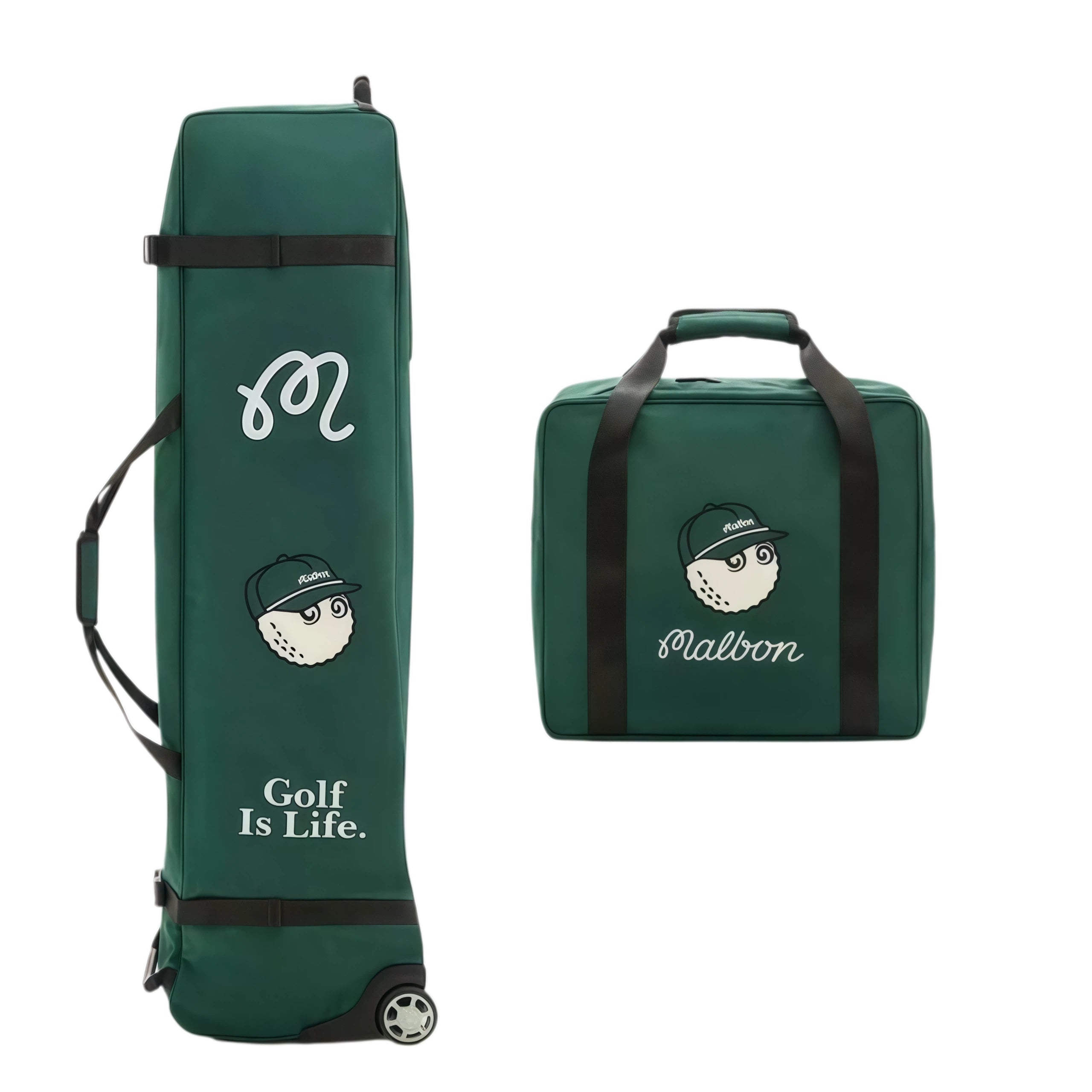  Malbon Golf travel bag shown both extended with wheels and folded into a compact case, displaying cartoon golf ball character wearing cap and “Golf Is Life” text