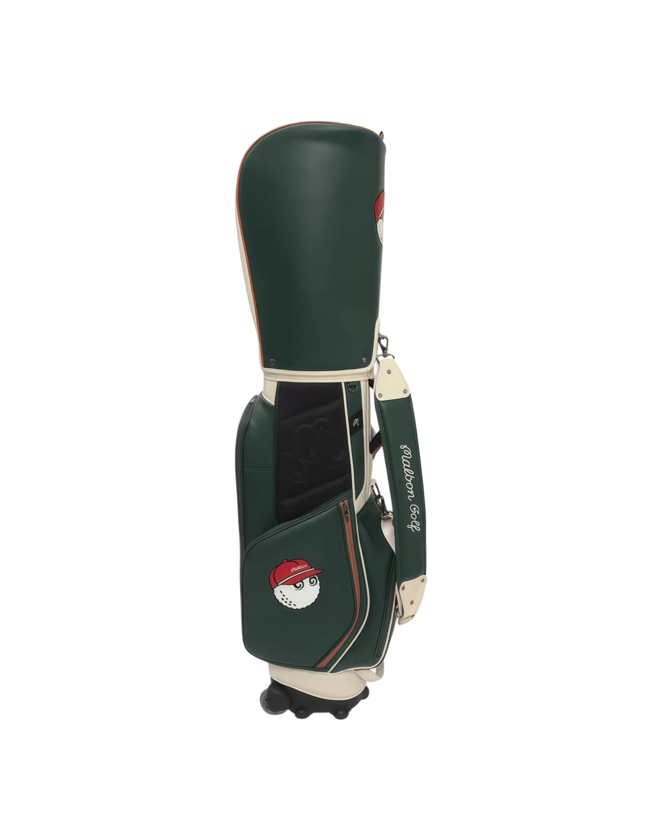 Back view of Malbon Golf wheeled trolley bag showing padded shoulder strap labeled "Malbon Golf", durable PU leather construction, and secure closure system.