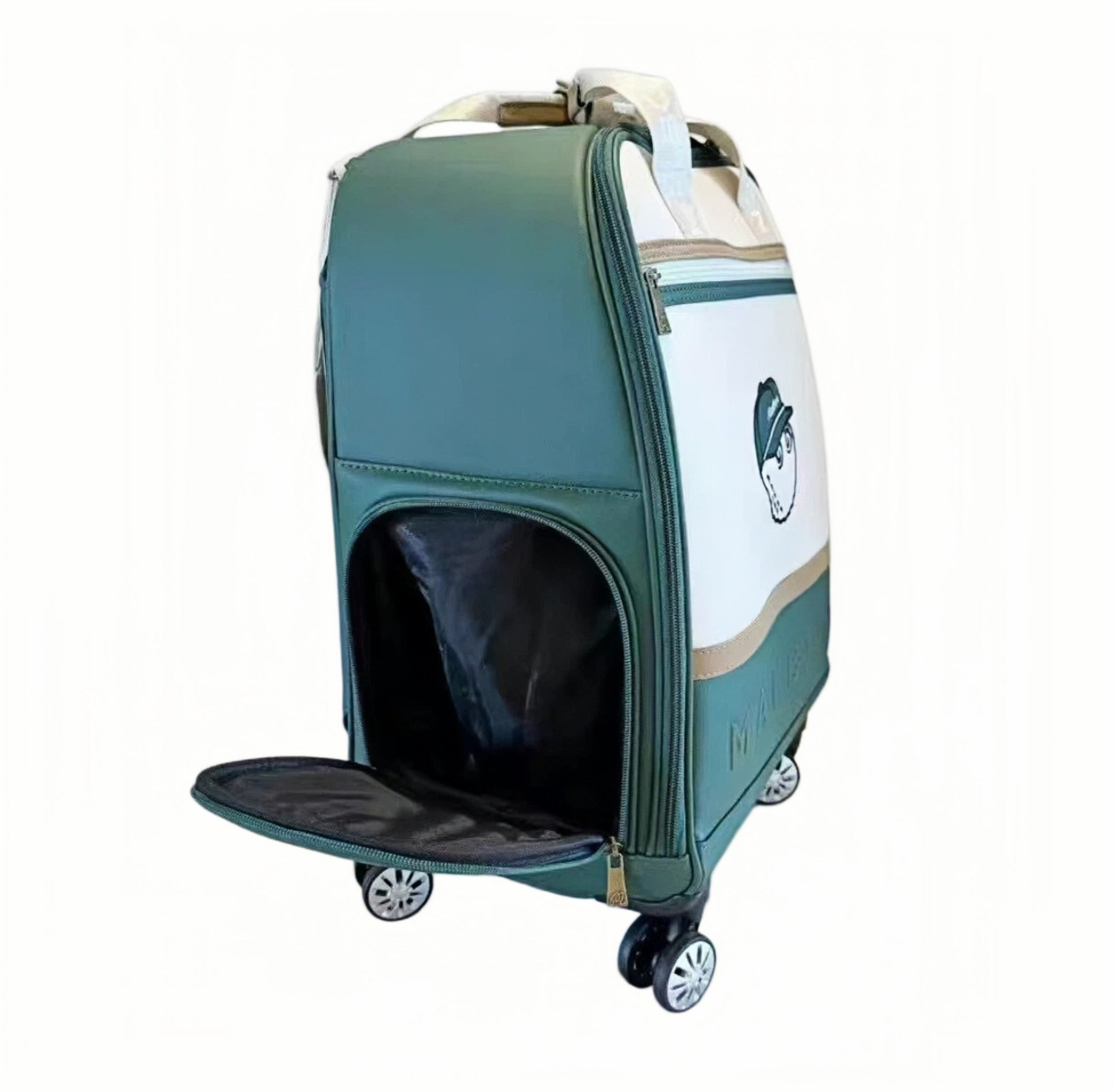 Open back compartment of green Malbon Golf carry-on luggage revealing spacious interior lining, ideal for golf gear or travel essentials