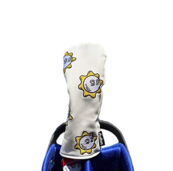 White Malbon Golf fairway wood headcover with repeating cartoon sunflower faces — lightweight, protective cover that adds fun and personality to your golf bag while safeguarding your club.