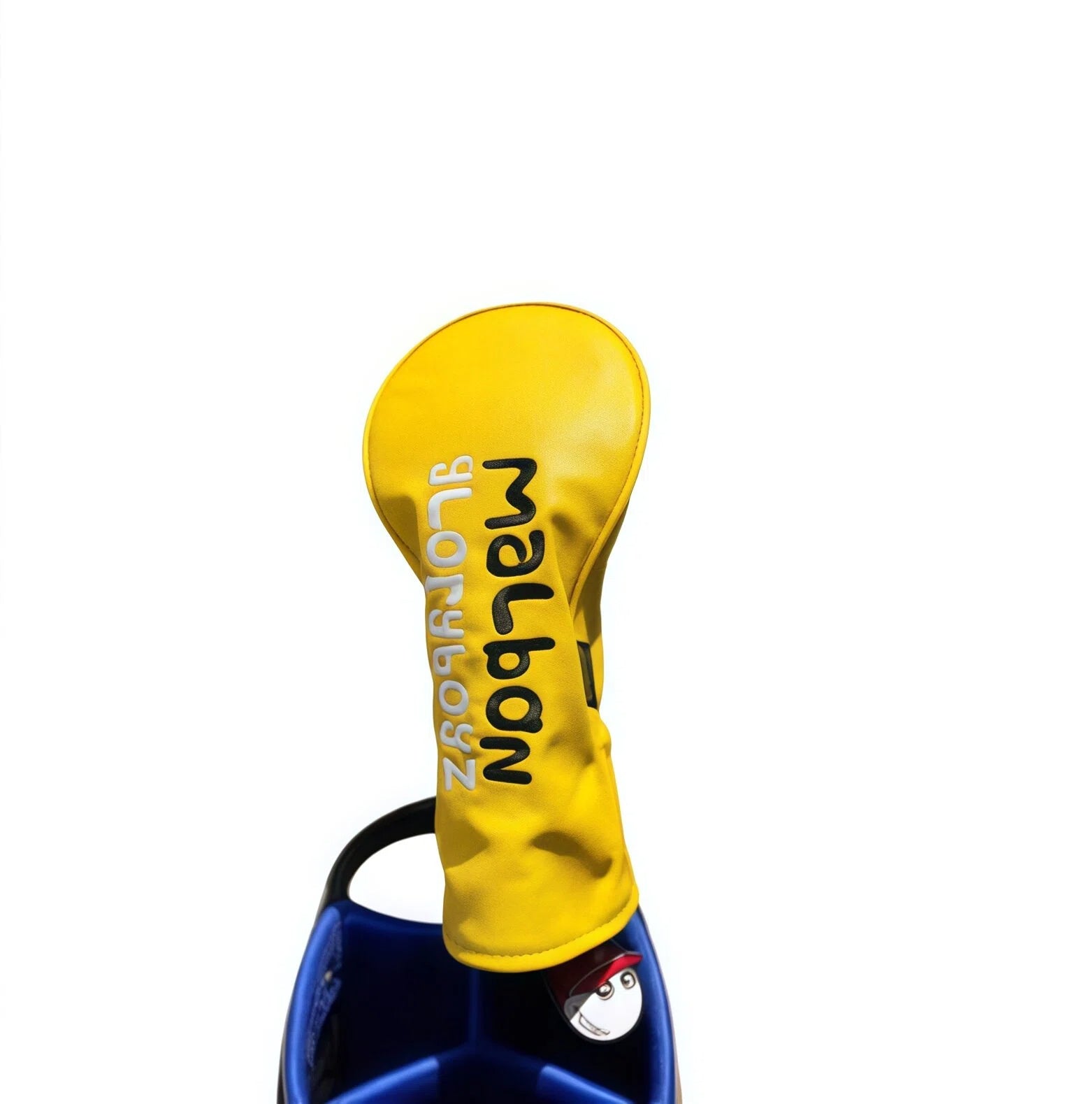 Bright yellow Malbon Golf driver headcover featuring vertical "Malbon" branding in bold black and white text — premium protection with a striking, minimalist style for any golfer.