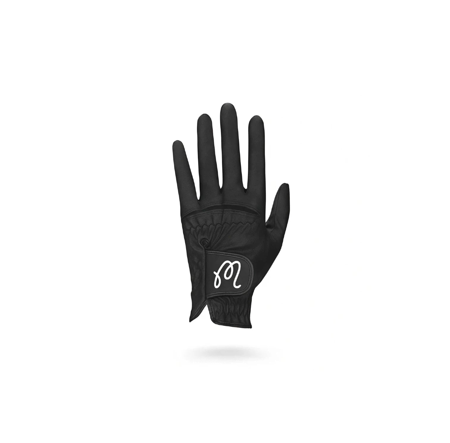 Malbon men's thin anti-slip golf glove in black, left hand view showcasing durable material, ergonomic fit, and signature logo on wrist strap for superior grip and comfort during play.